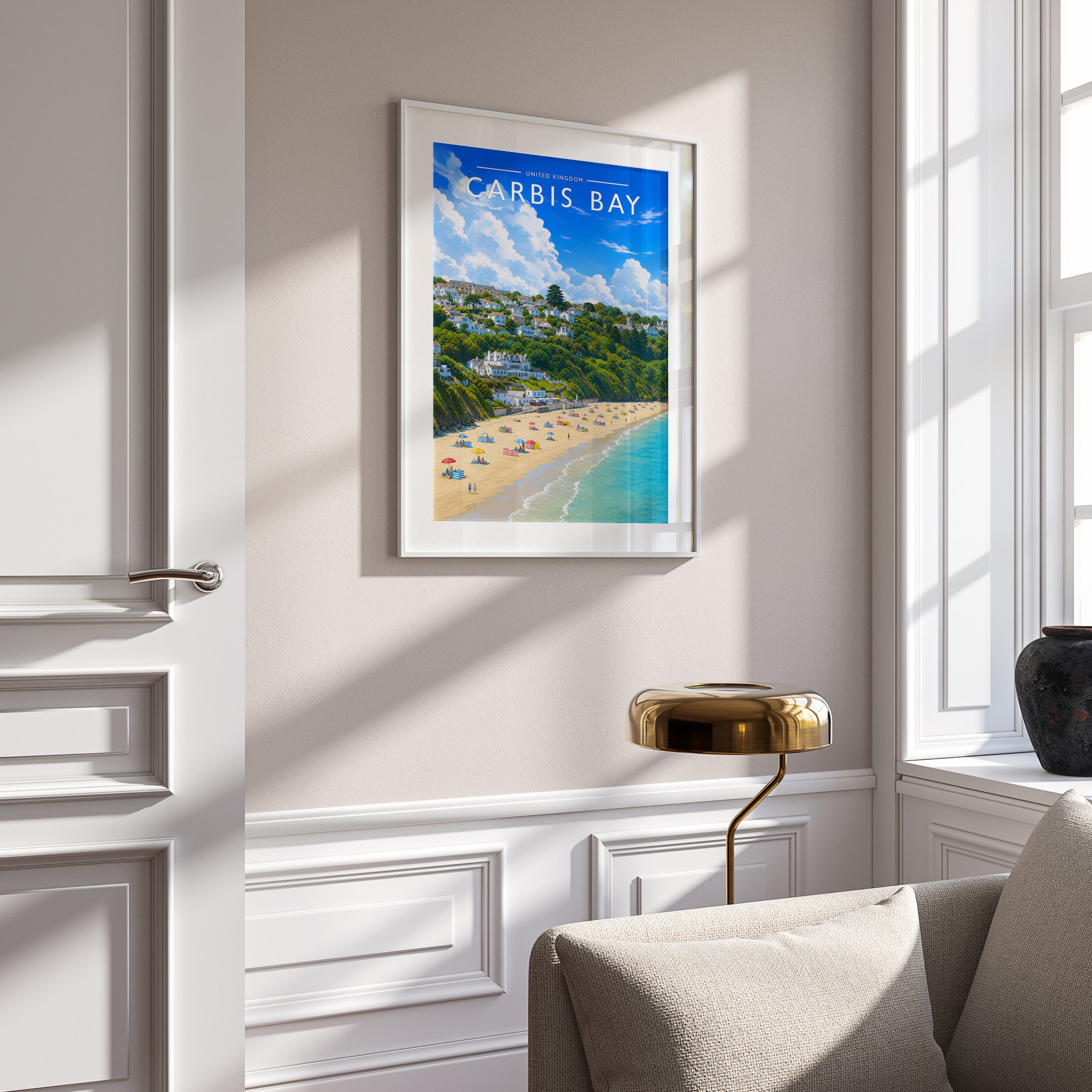 Carbis Bay Travel Poster in a white frame on a panelled wall