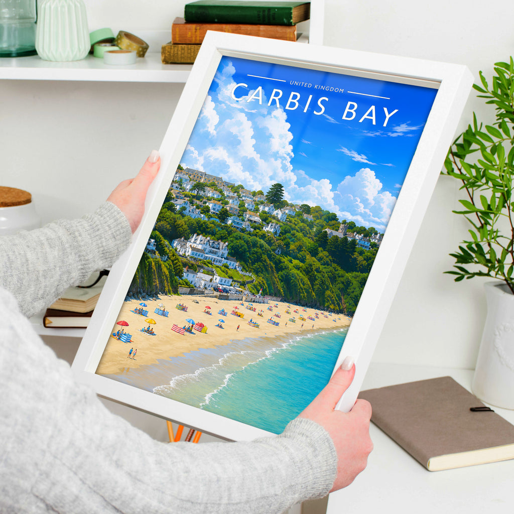 Carbis Bay Travel Poster in a white frame, held to show scale