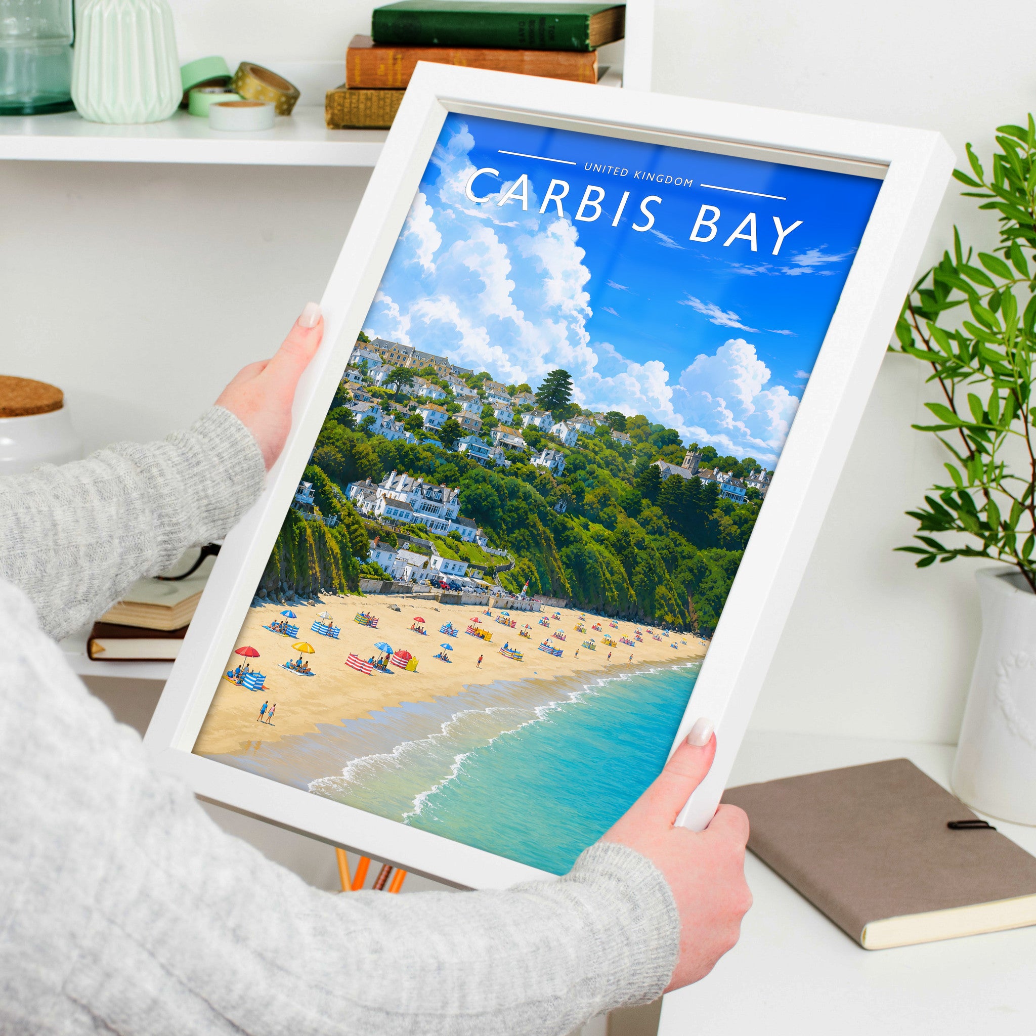 Carbis Bay Travel Poster in a white frame, held to show scale