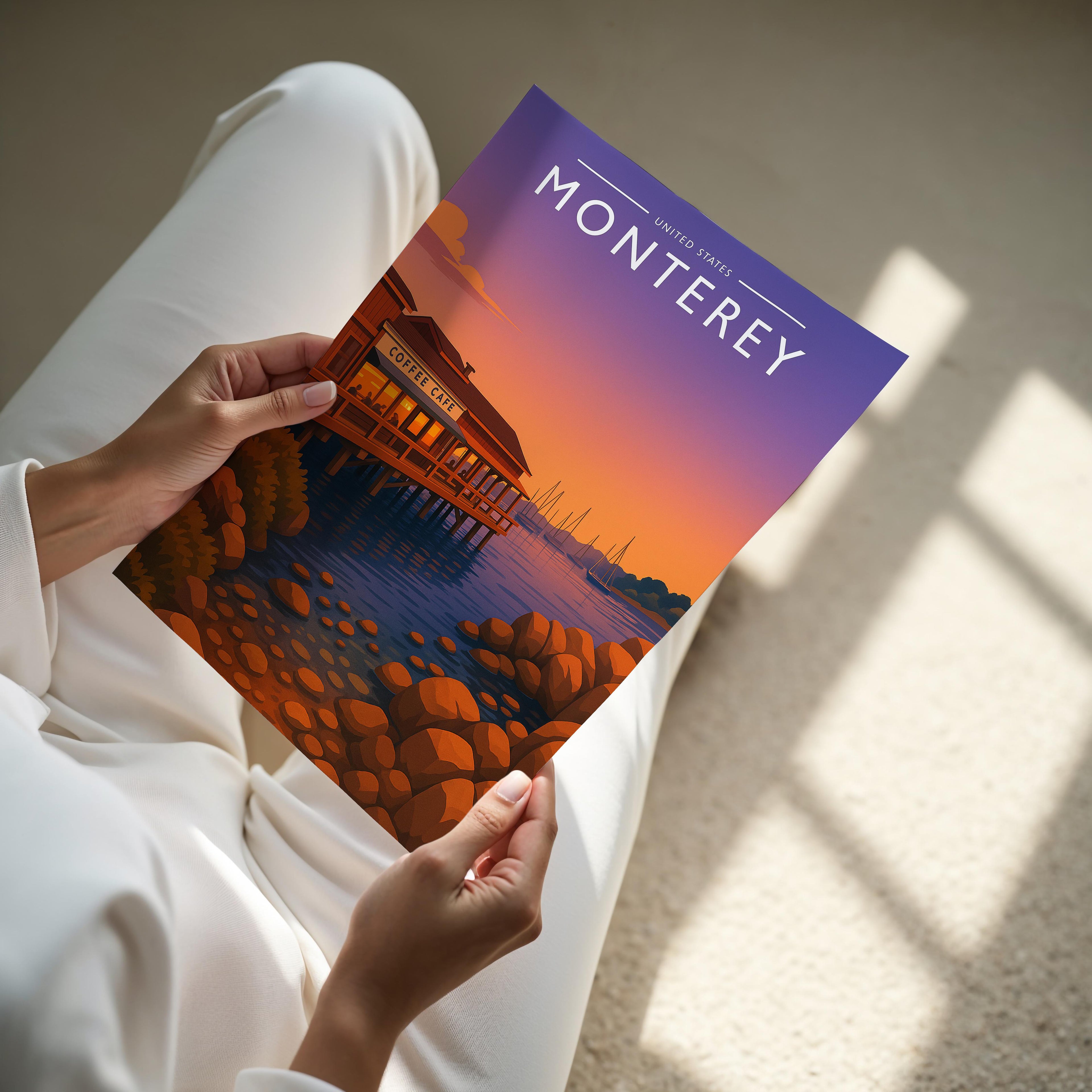 Monterey Travel Poster - A4 print held in hand