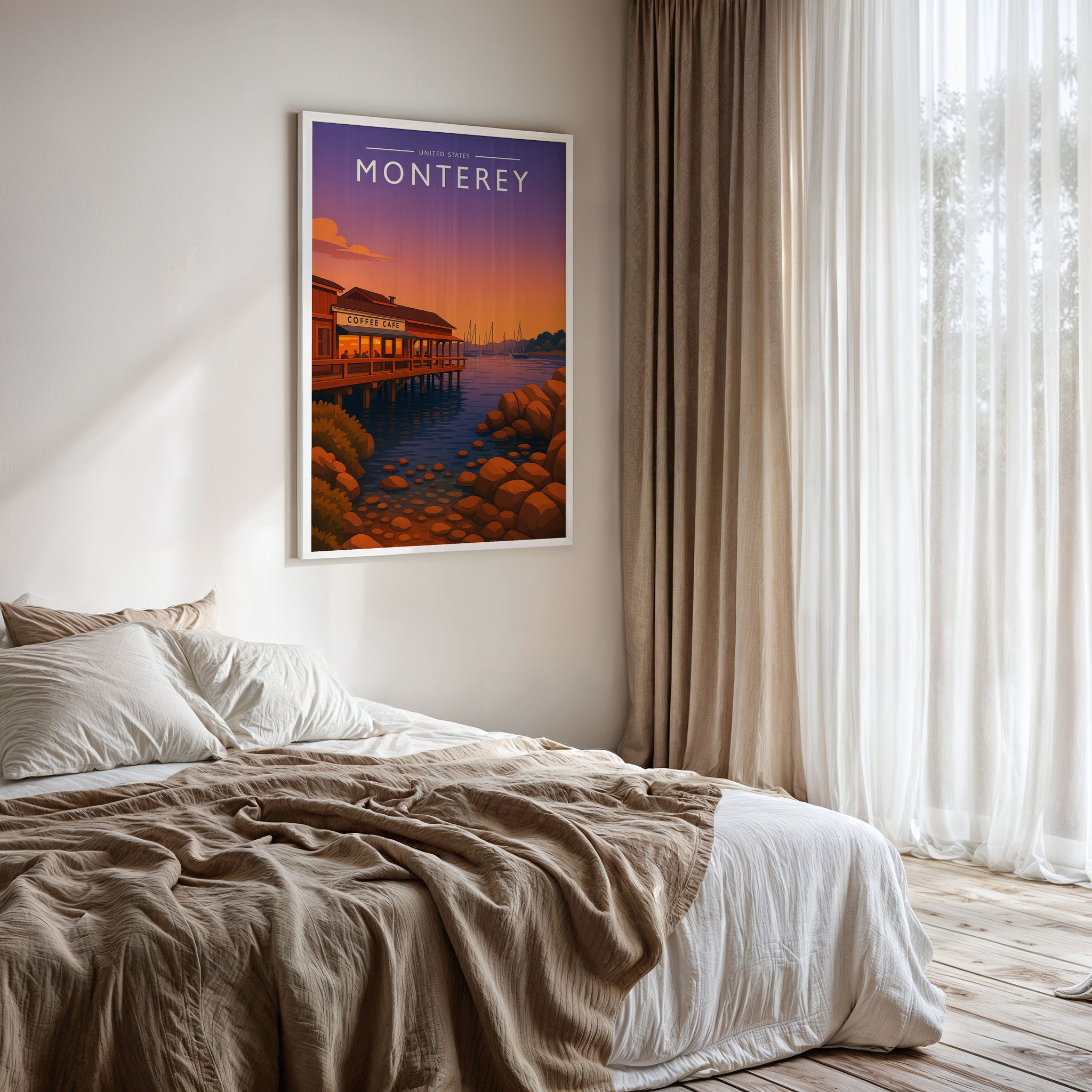 Monterey Travel Poster framed on a bedroom wall