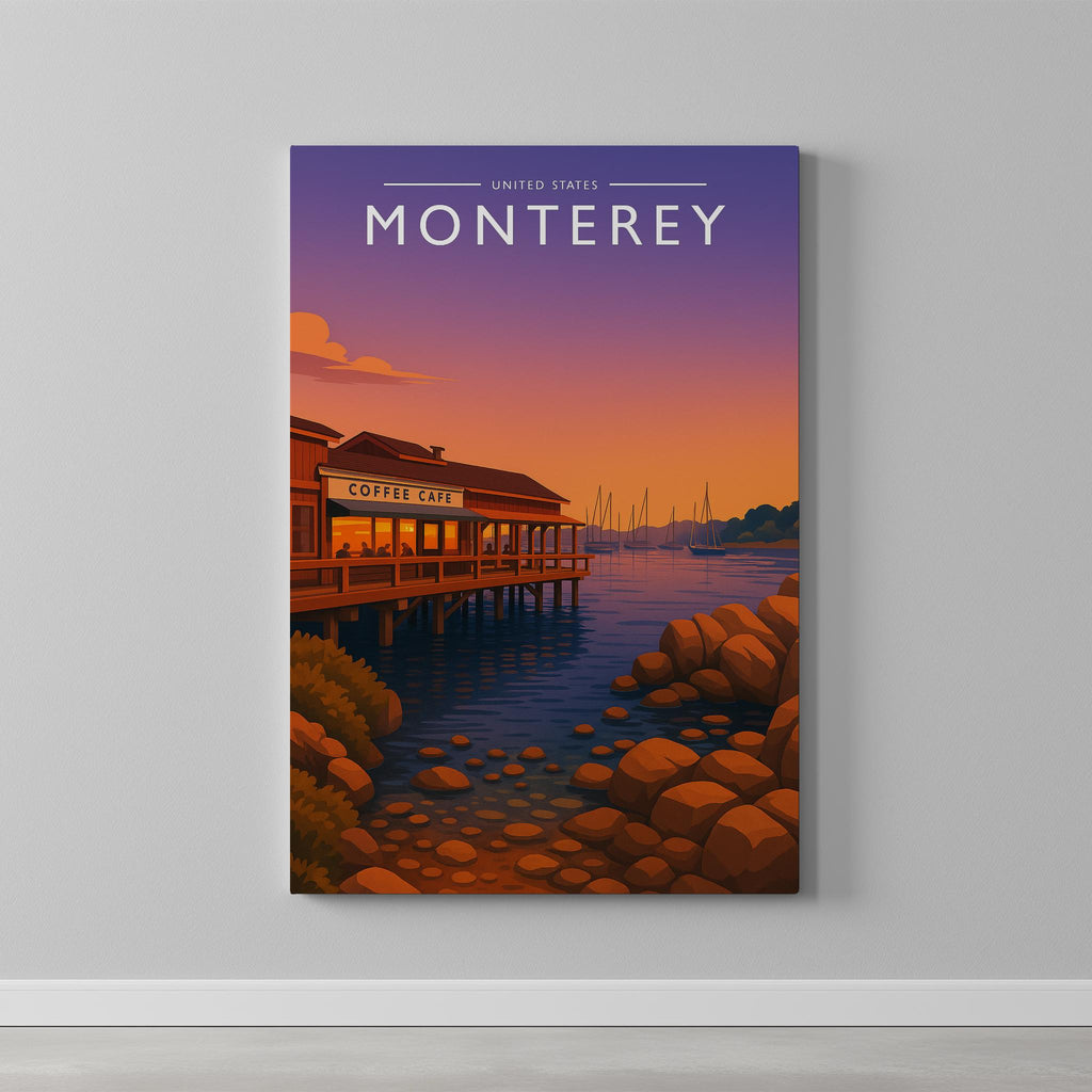 Monterey Travel Poster as a gallery-wrapped canvas on a plain wall