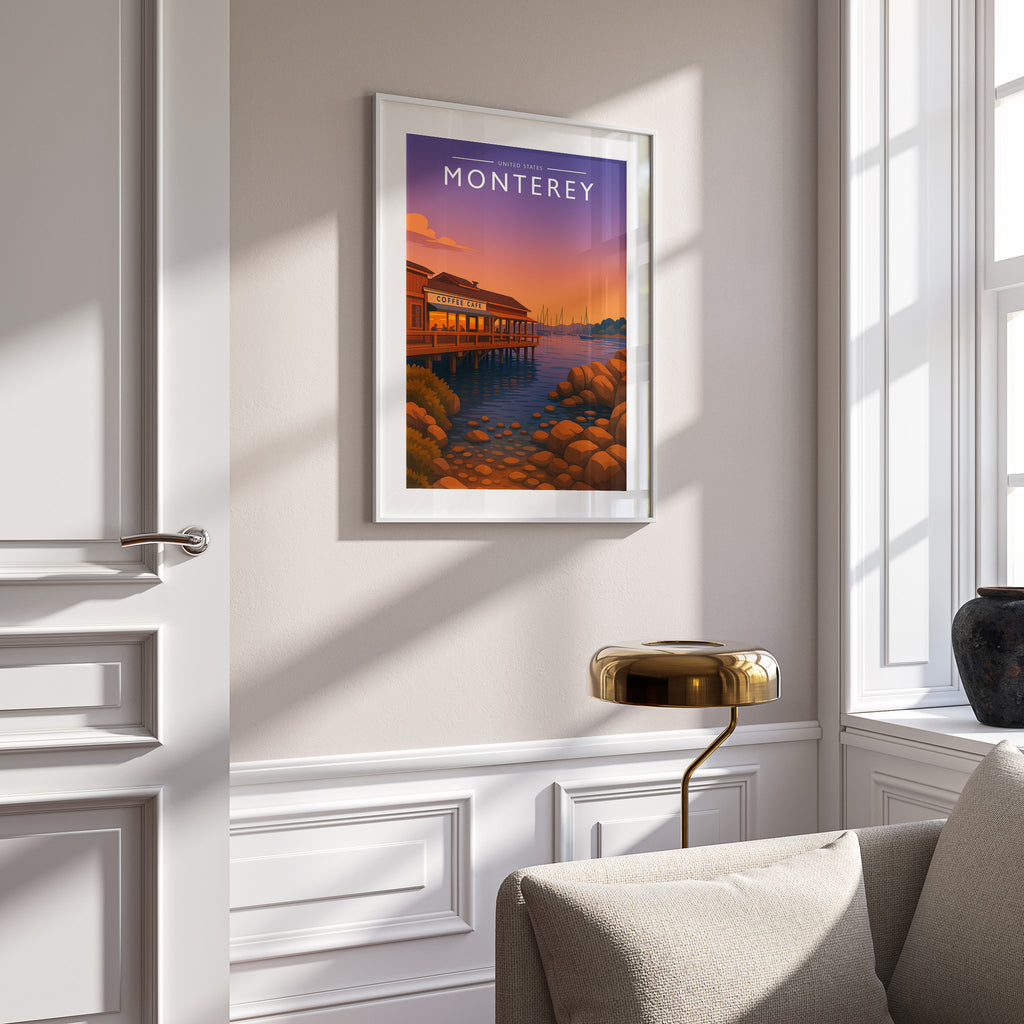 Monterey Travel Poster in a white frame on a panelled wall