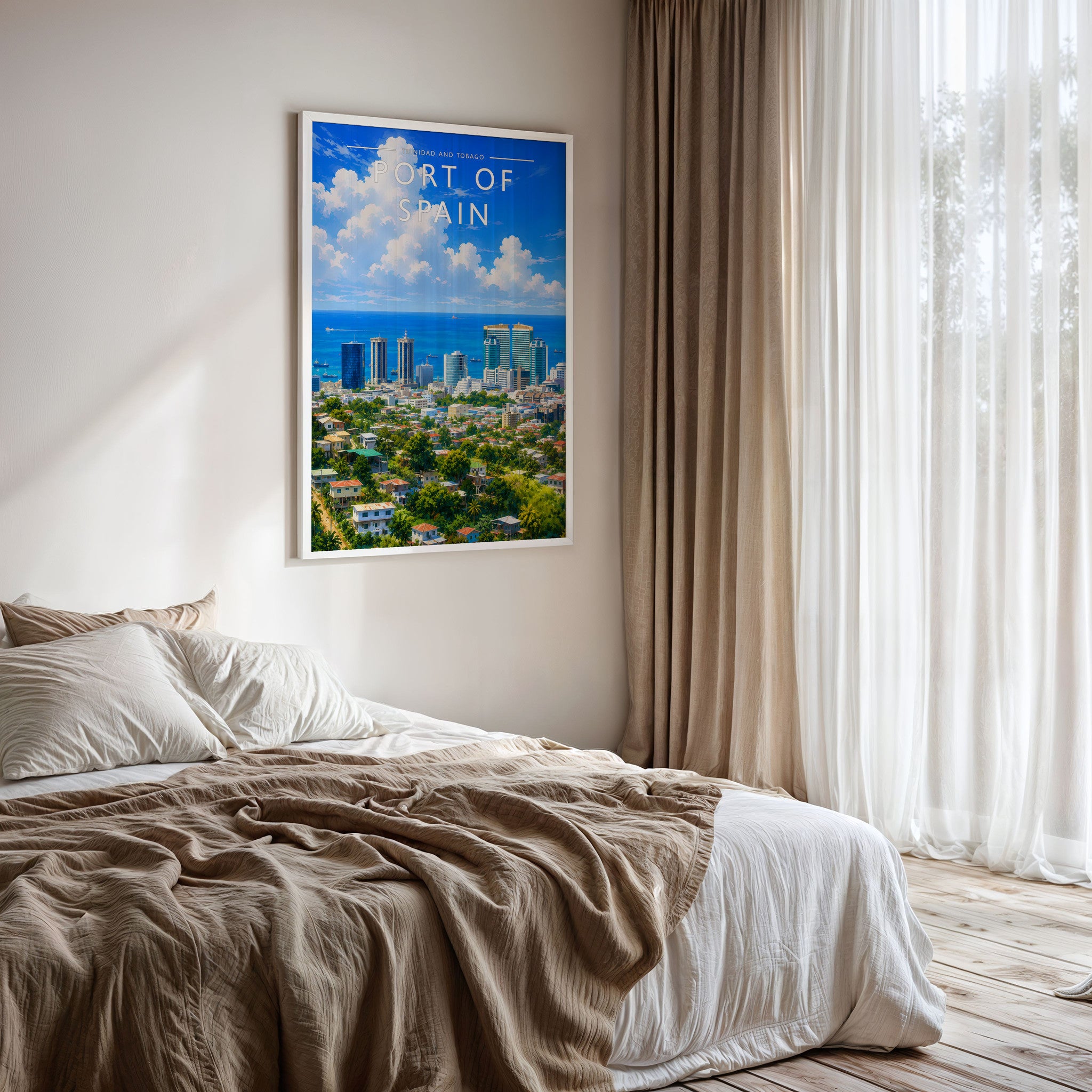 Port of Spain Travel Poster framed on a bedroom wall