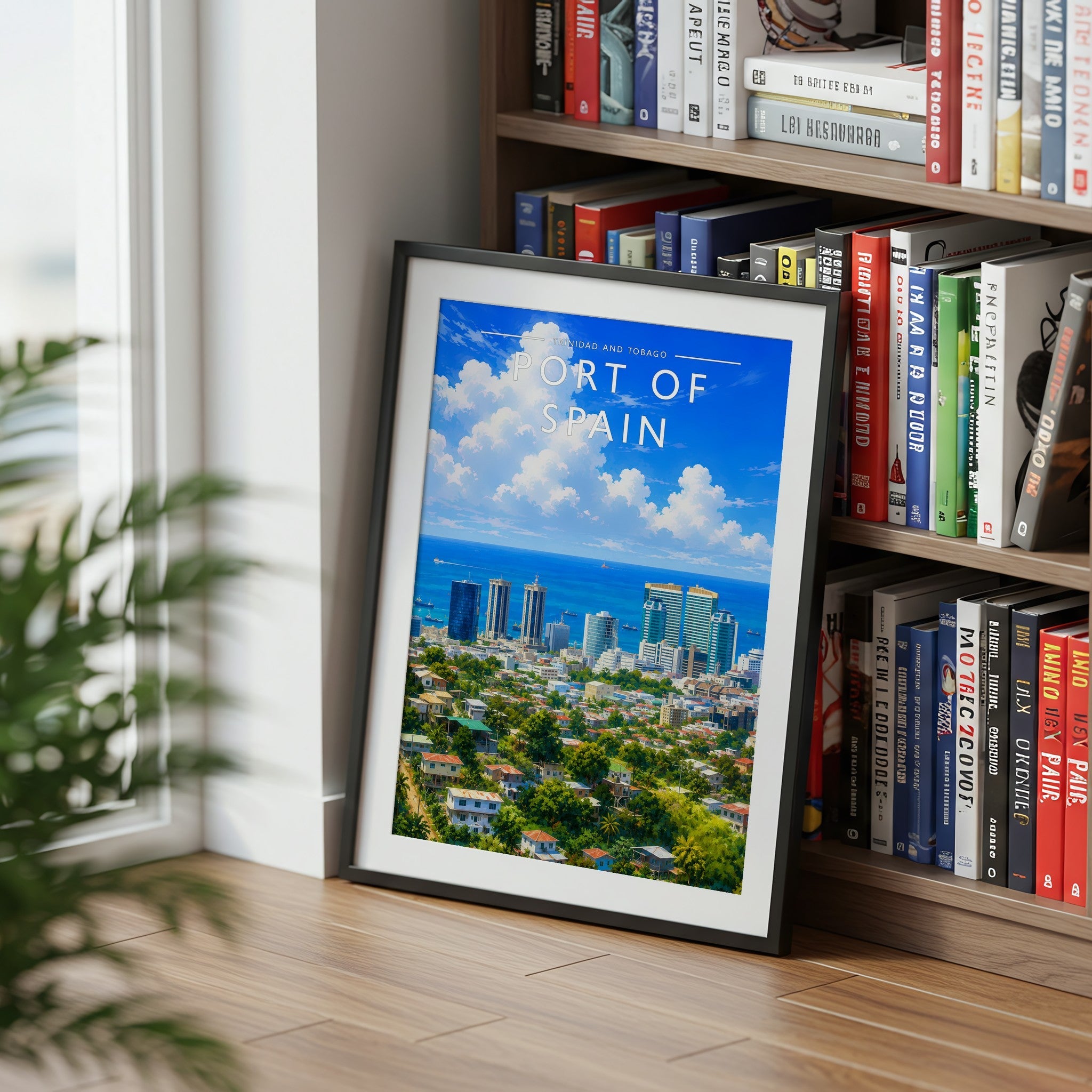 Port of Spain Travel Poster mounted in a black frame