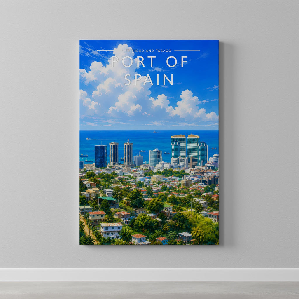 Port of Spain Travel Poster as a gallery-wrapped canvas on a plain wall
