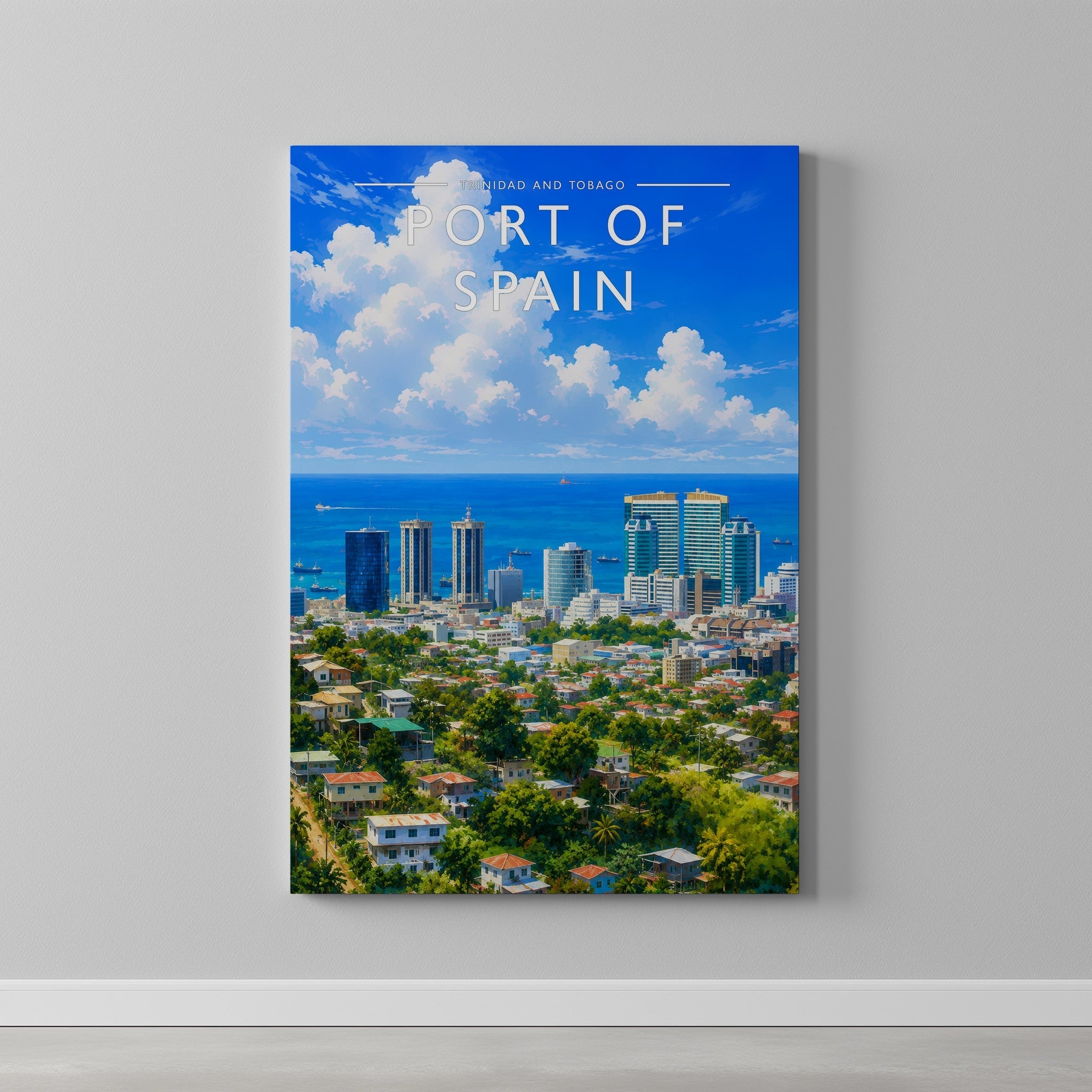 Port of Spain Travel Poster as a gallery-wrapped canvas on a plain wall
