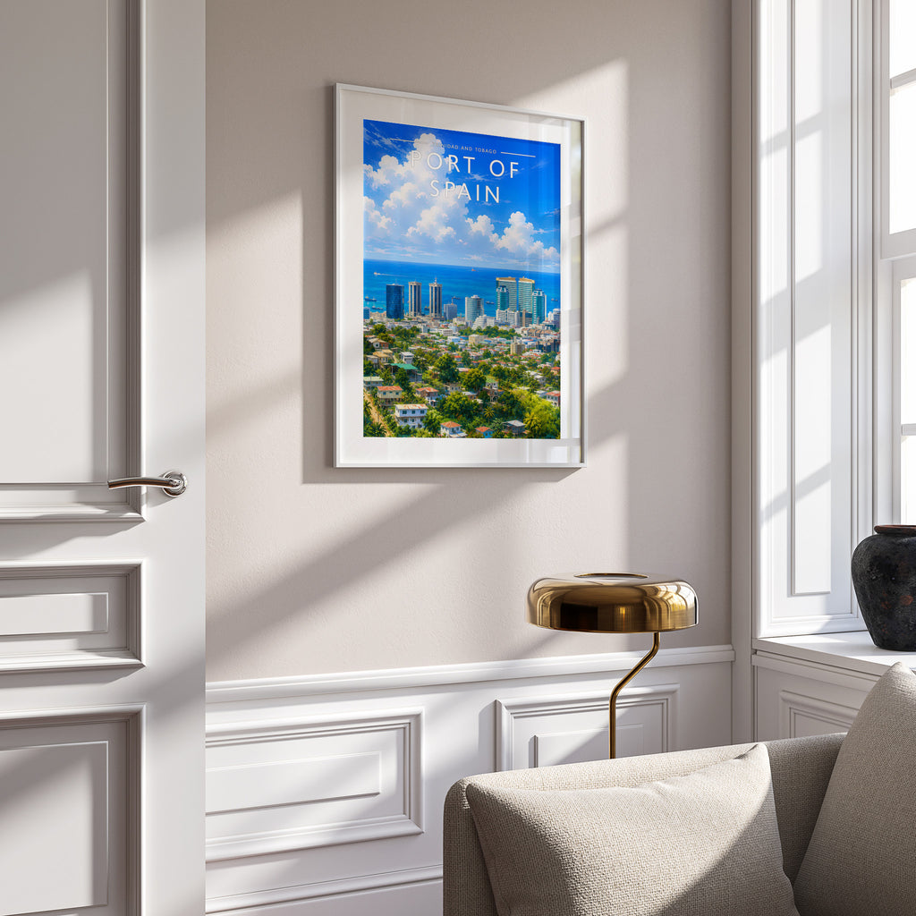 Port of Spain Travel Poster in a white frame on a panelled wall