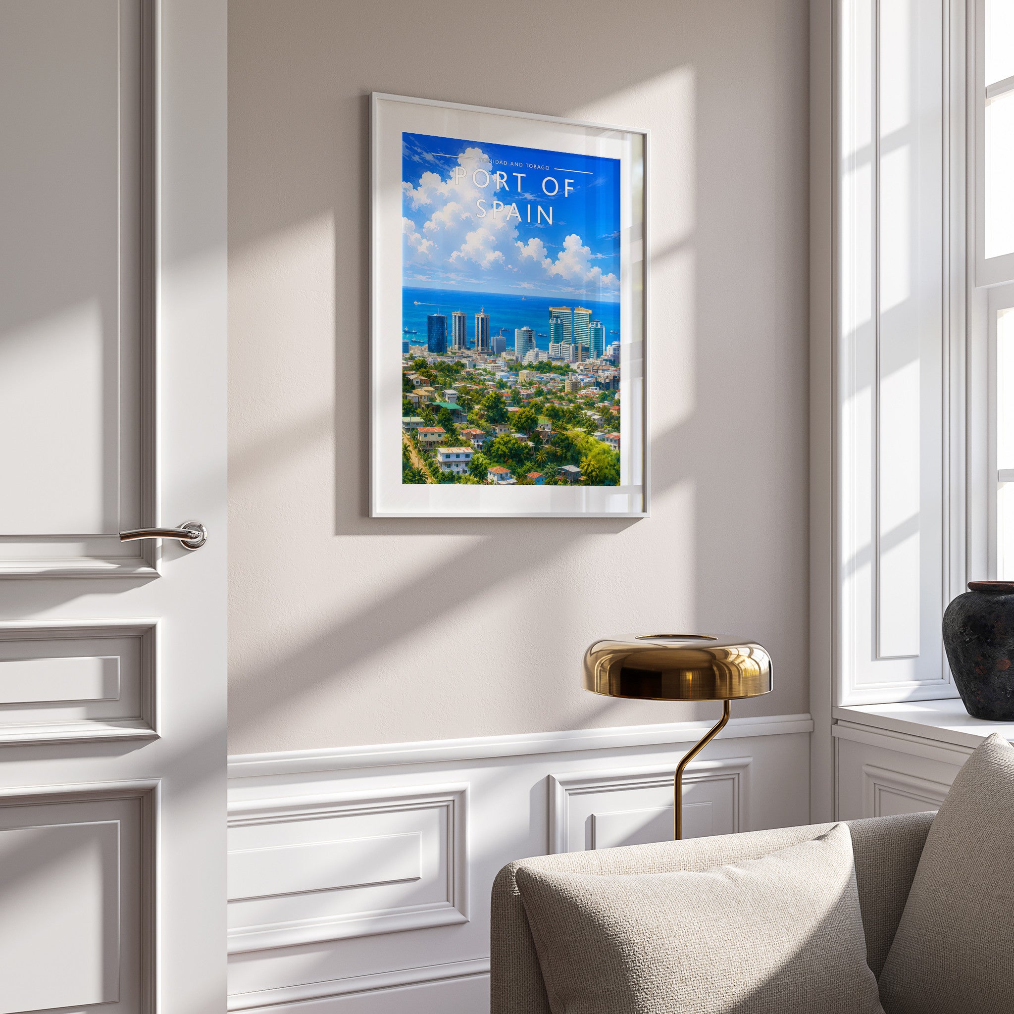 Port of Spain Travel Poster in a white frame on a panelled wall