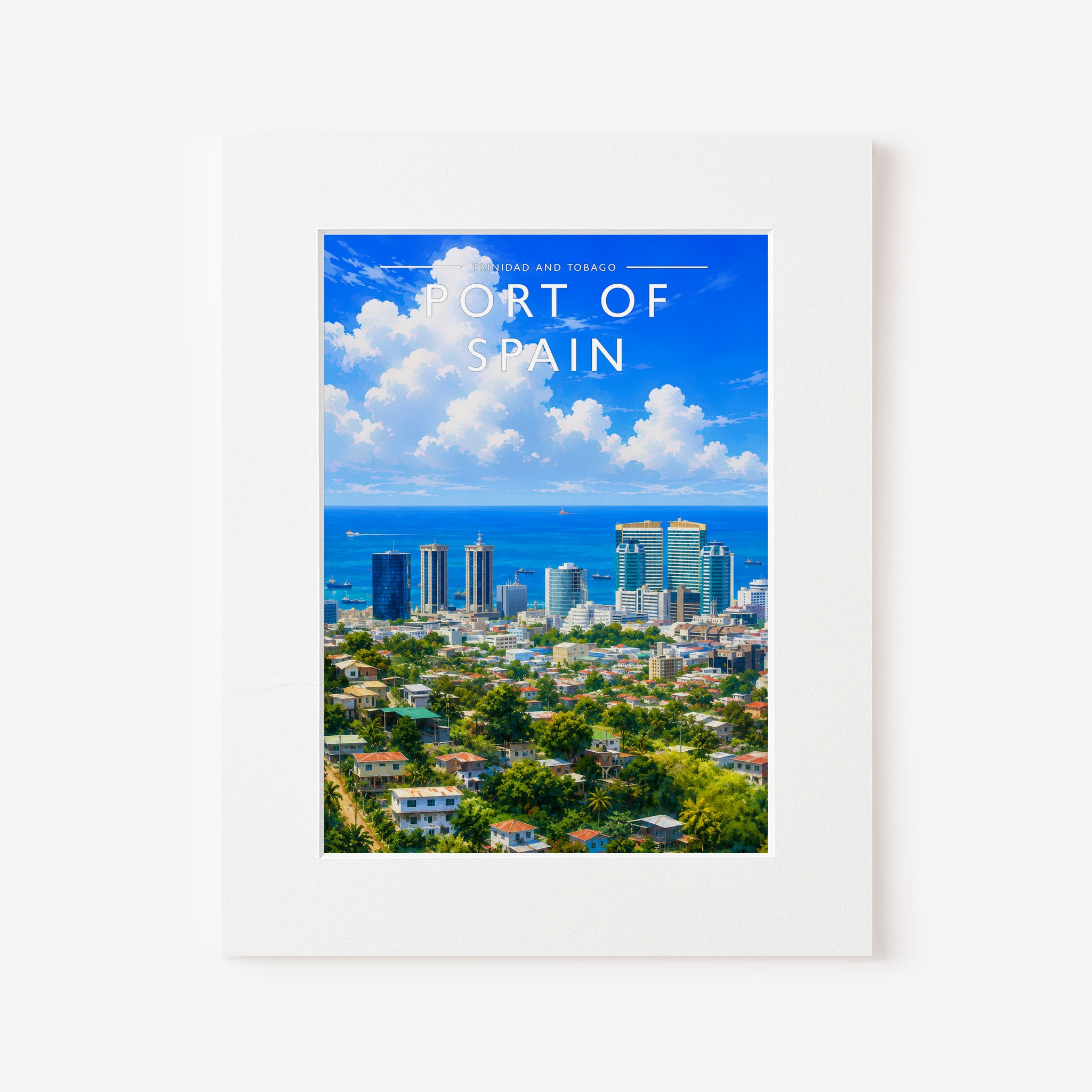 Port of Spain Travel Poster in a white mount