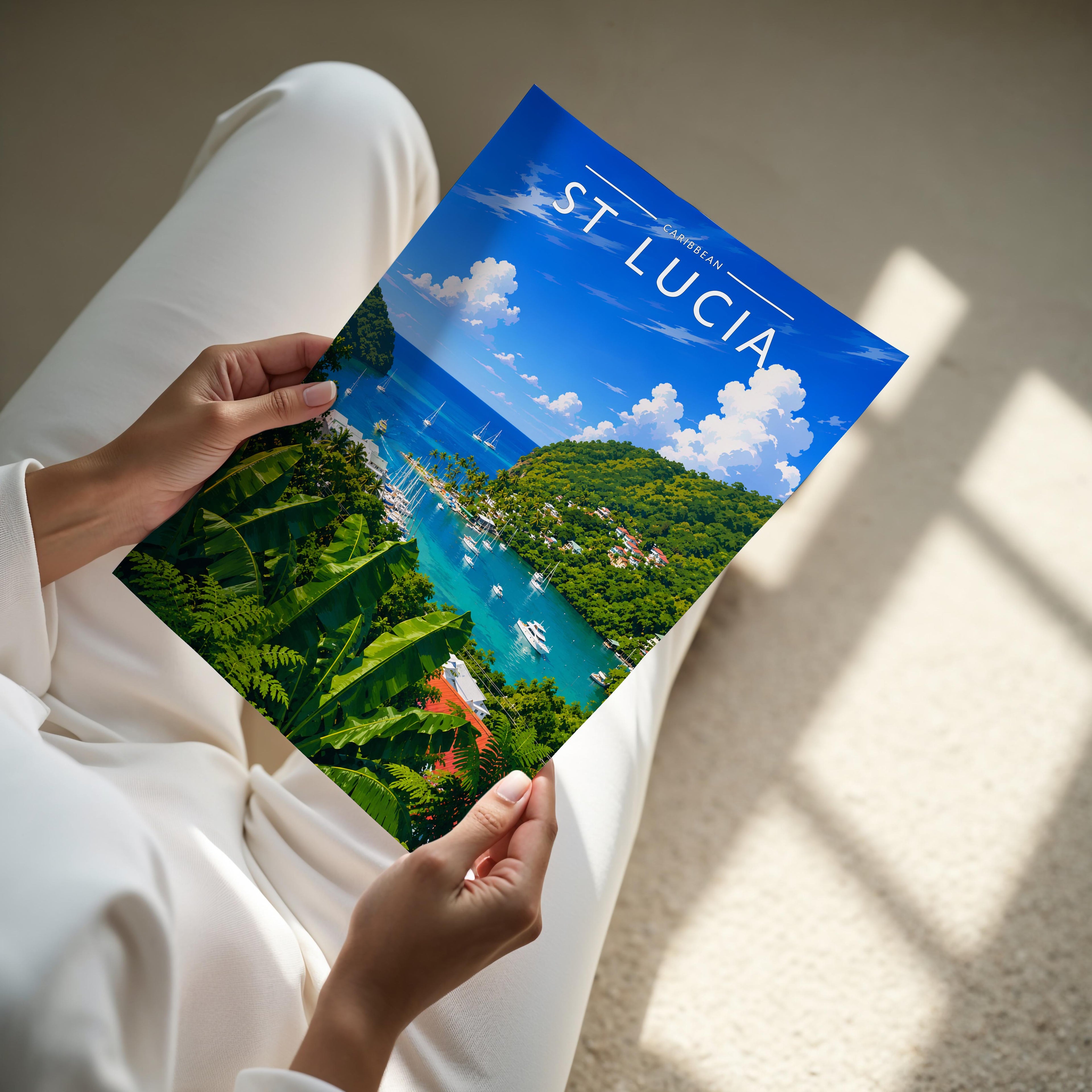 St Lucia Travel Poster - A4 print held in hand