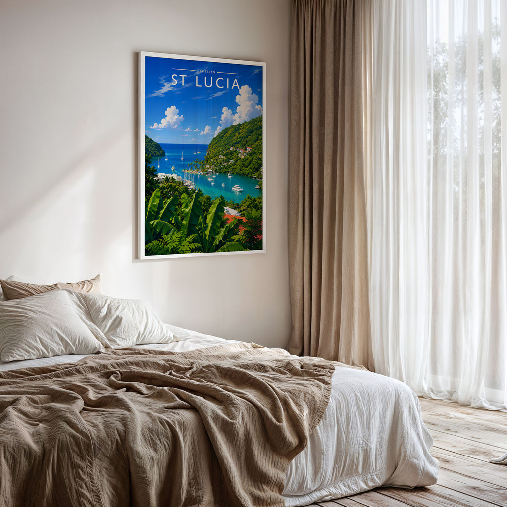 St Lucia Travel Poster framed on a bedroom wall