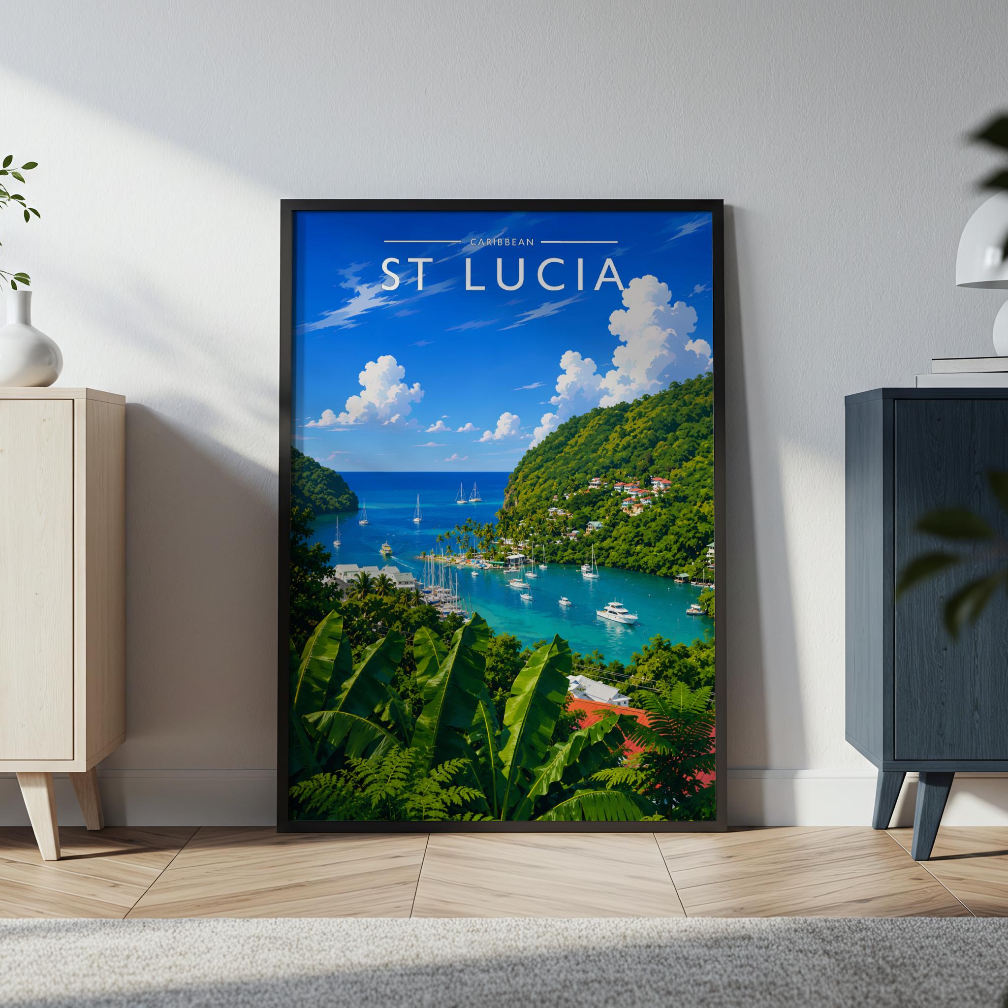 St Lucia Travel Poster in a black frame