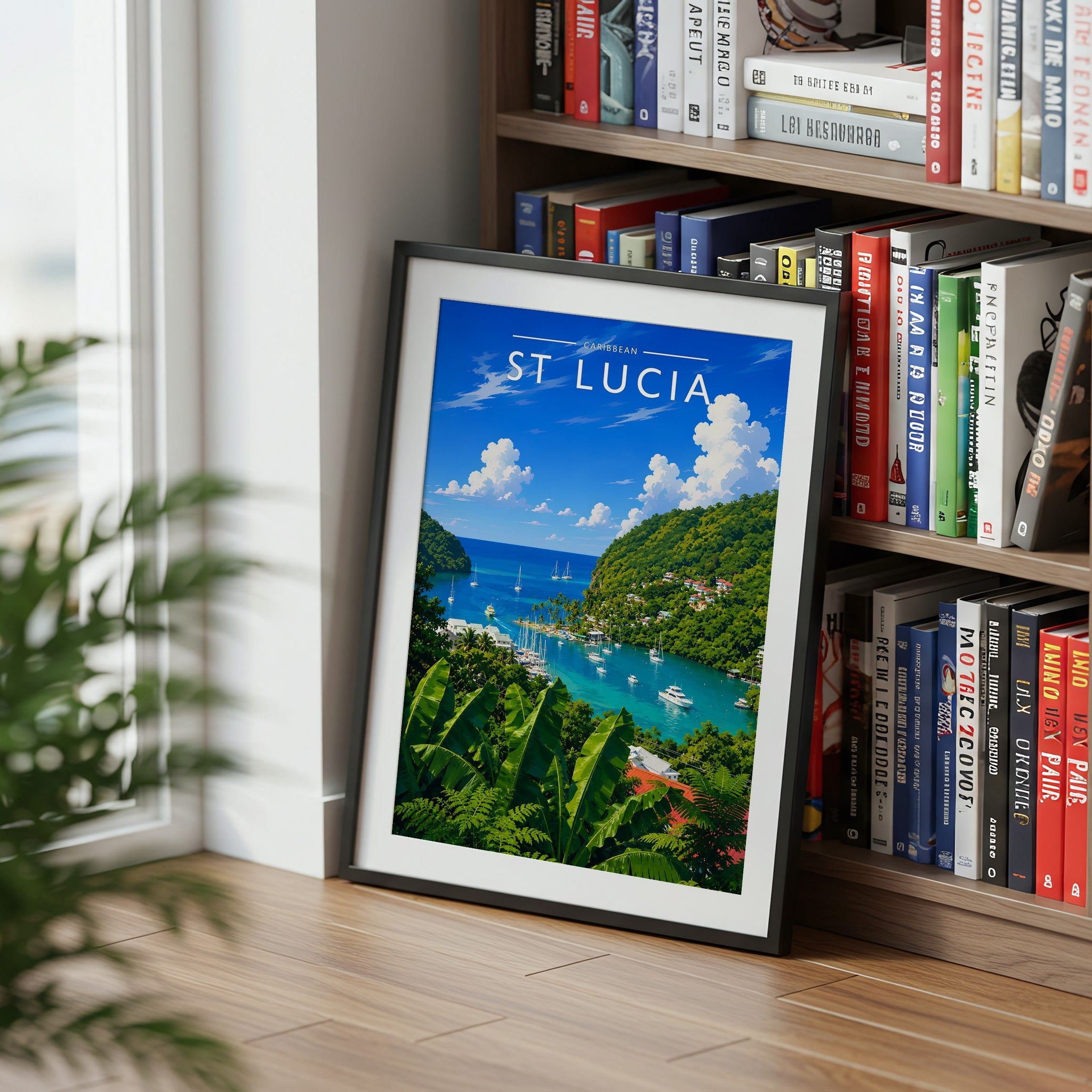 St Lucia Travel Poster mounted in a black frame