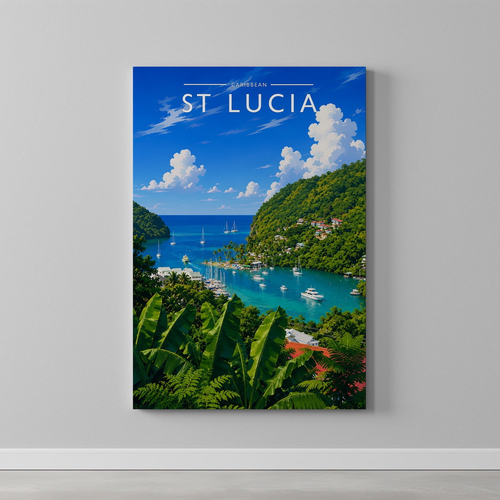 St Lucia Travel Poster as a gallery-wrapped canvas on a plain wall
