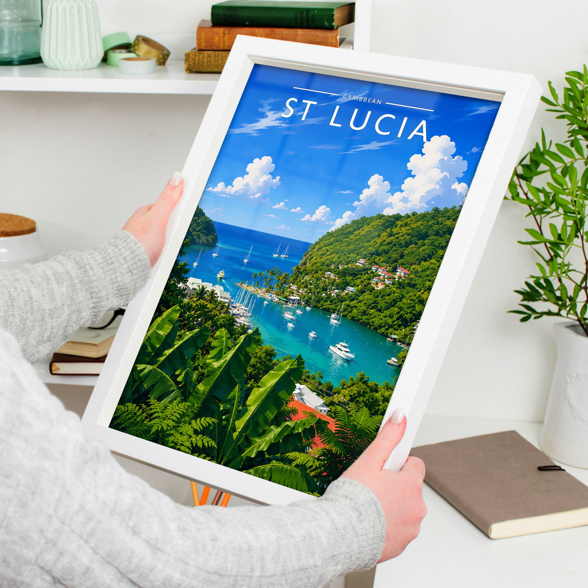 St Lucia Travel Poster in a white frame, held to show scale