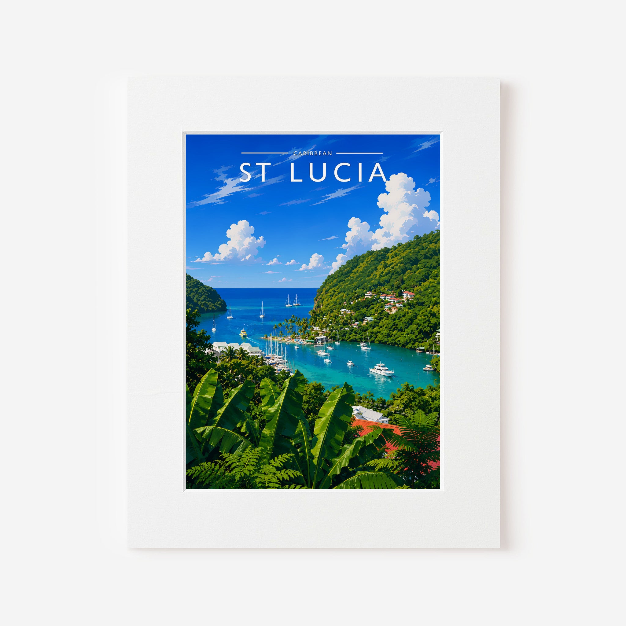 St Lucia Travel Poster in a white mount