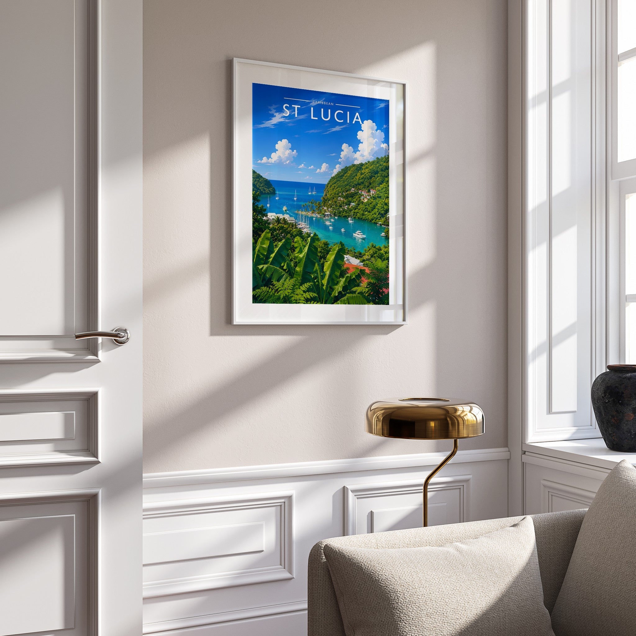 St Lucia Travel Poster mounted in a white frame
