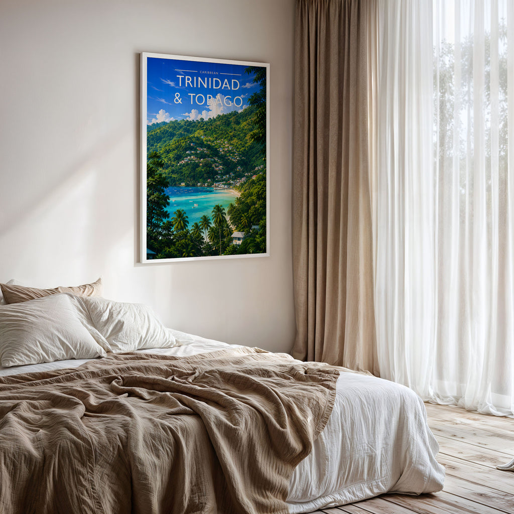Trinidad & Tobago Travel Poster framed on a bedroom wall