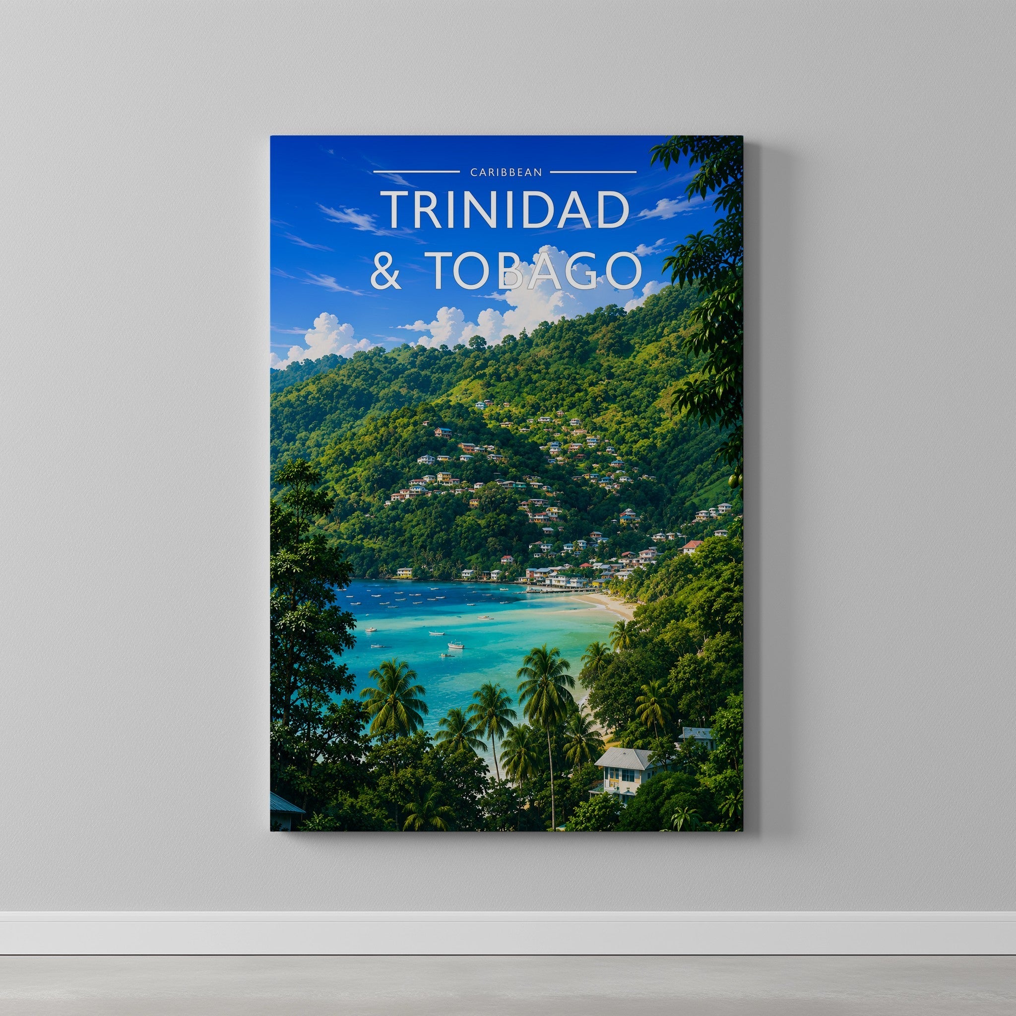 Trinidad & Tobago Travel Poster as a gallery-wrapped canvas on a plain wall