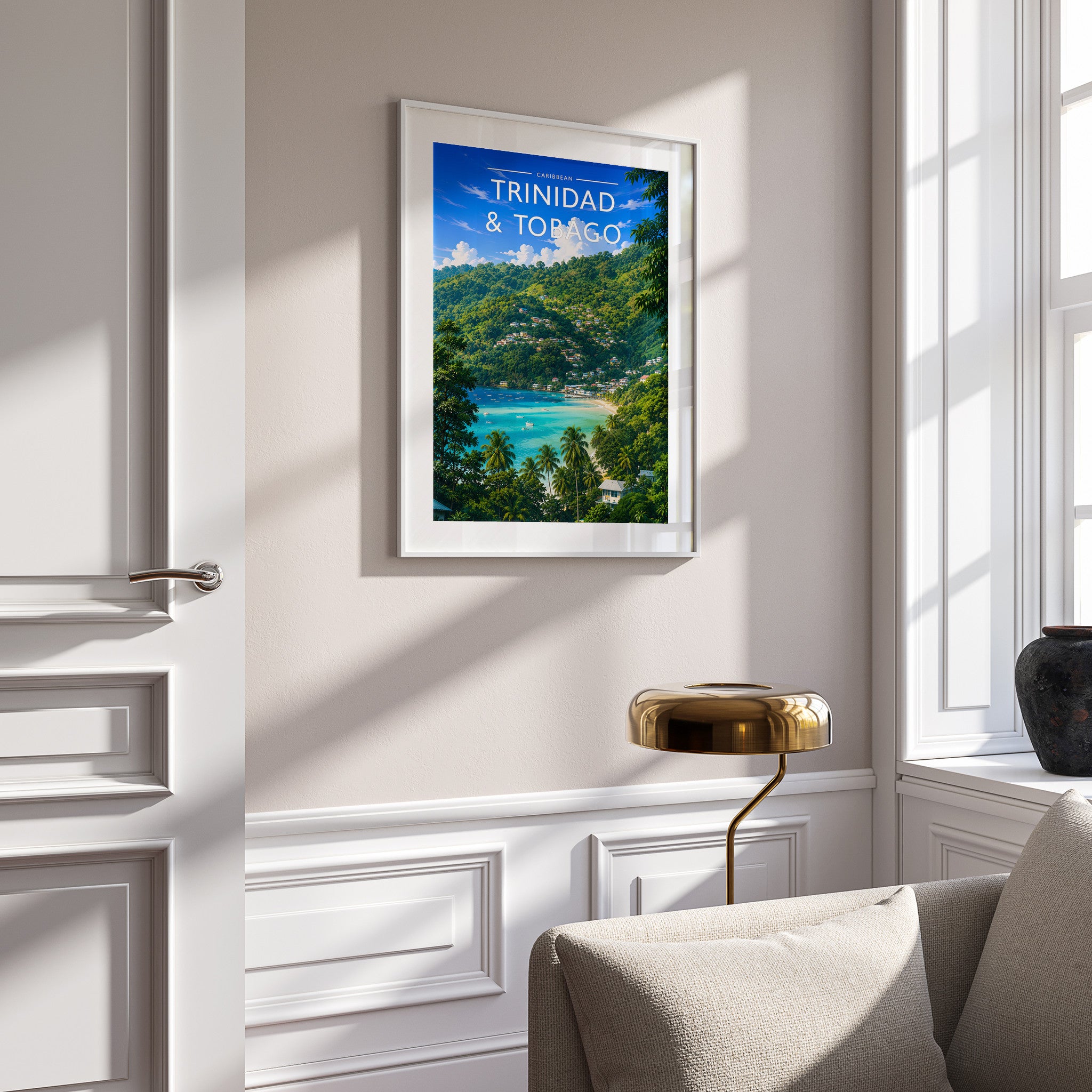 Trinidad & Tobago Travel Poster in a white frame on a panelled wall