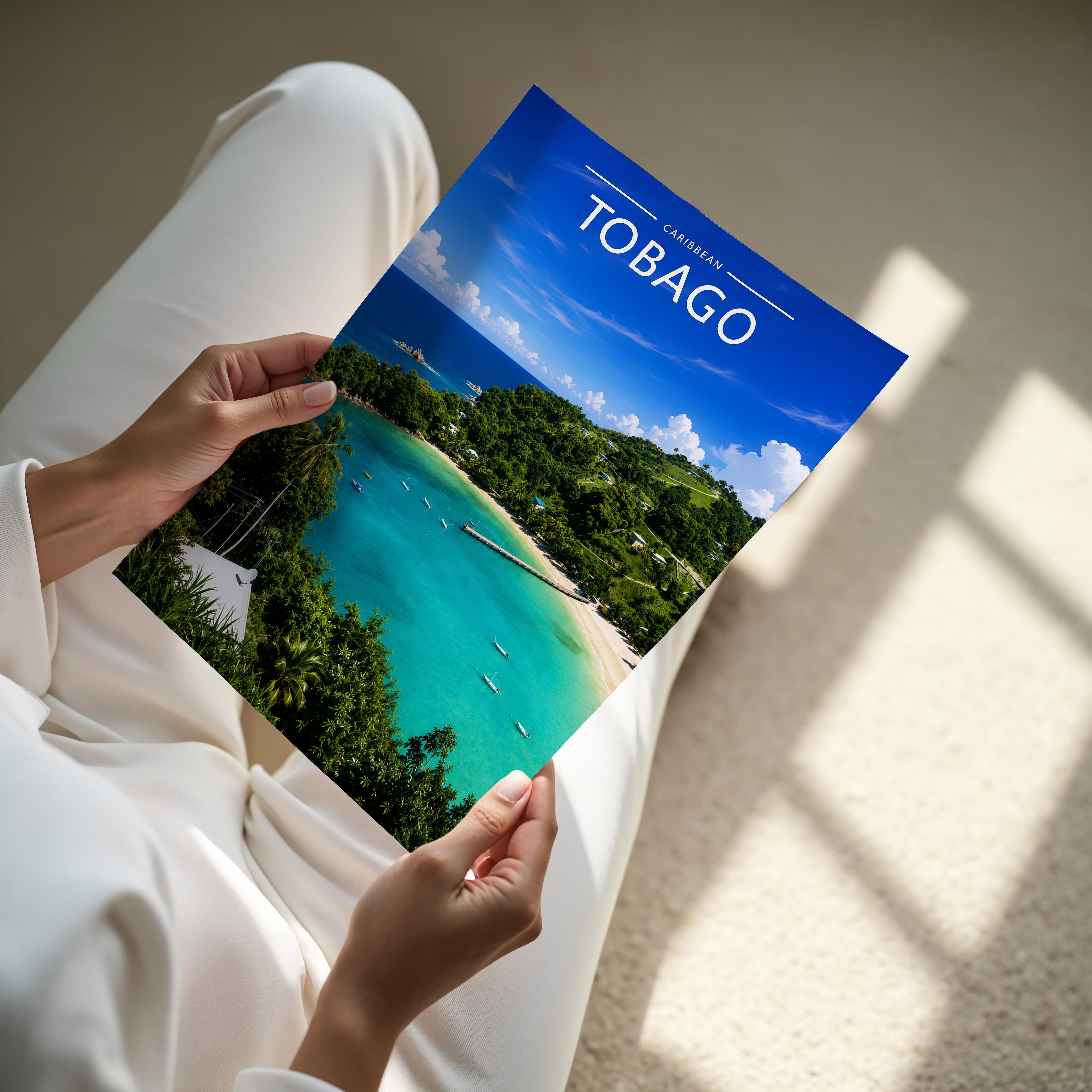 Tobago Travel Poster - A4 print held in hand