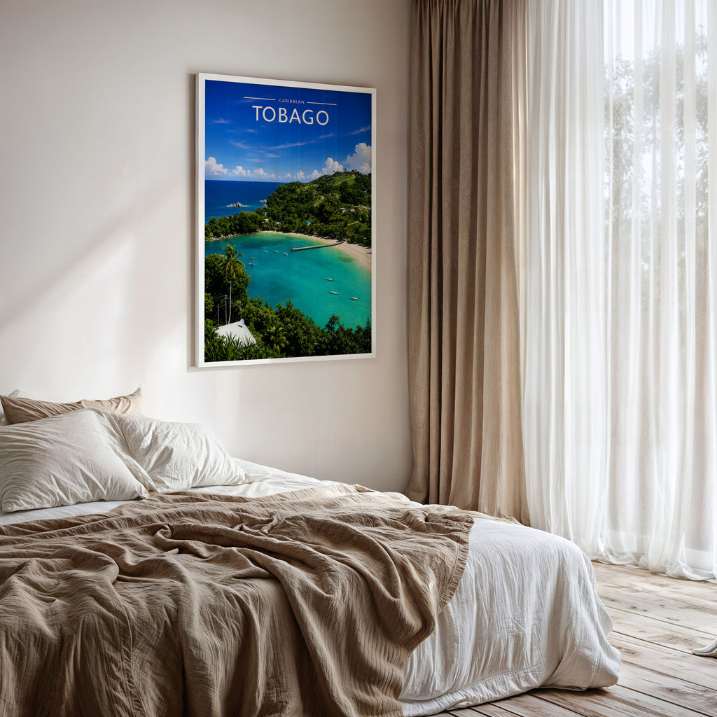 Tobago Travel Poster framed on a bedroom wall