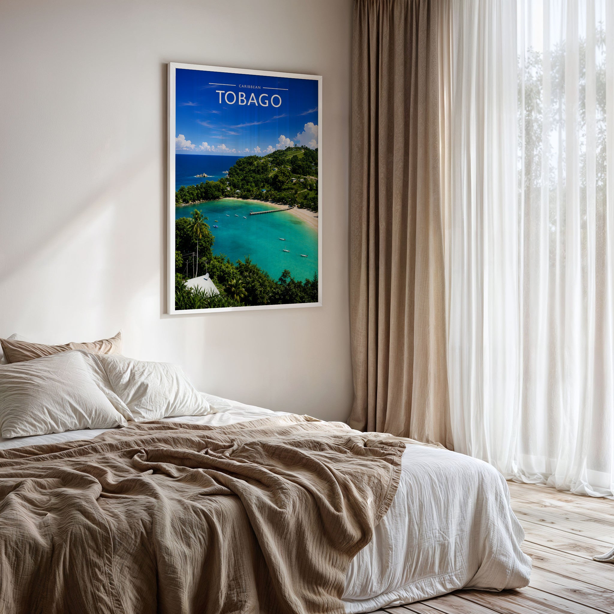 Tobago Travel Poster framed on a bedroom wall