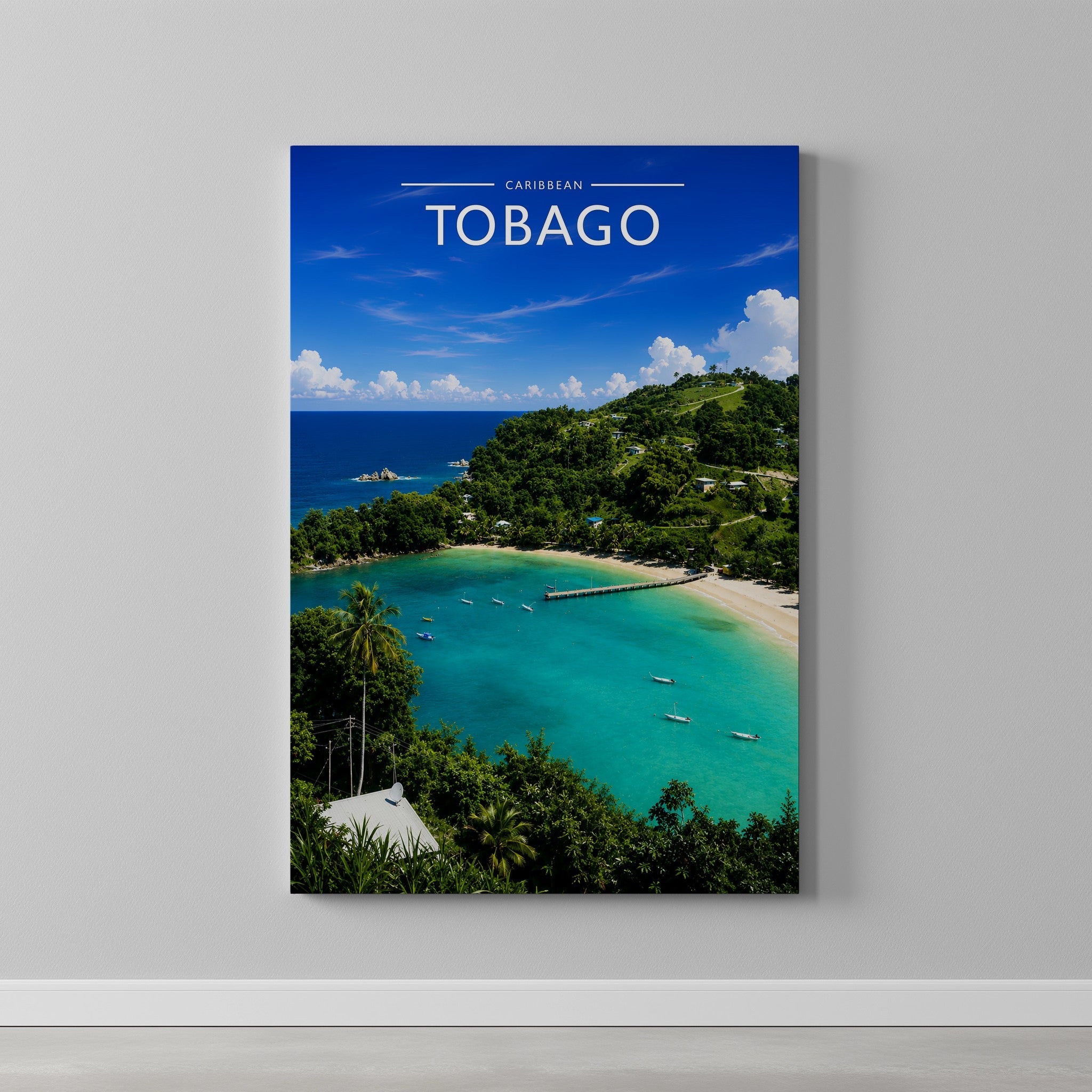 Tobago Travel Poster as a gallery-wrapped canvas on a plain wall