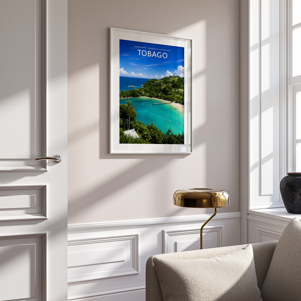 Tobago Travel Poster in a white frame on a panelled wall