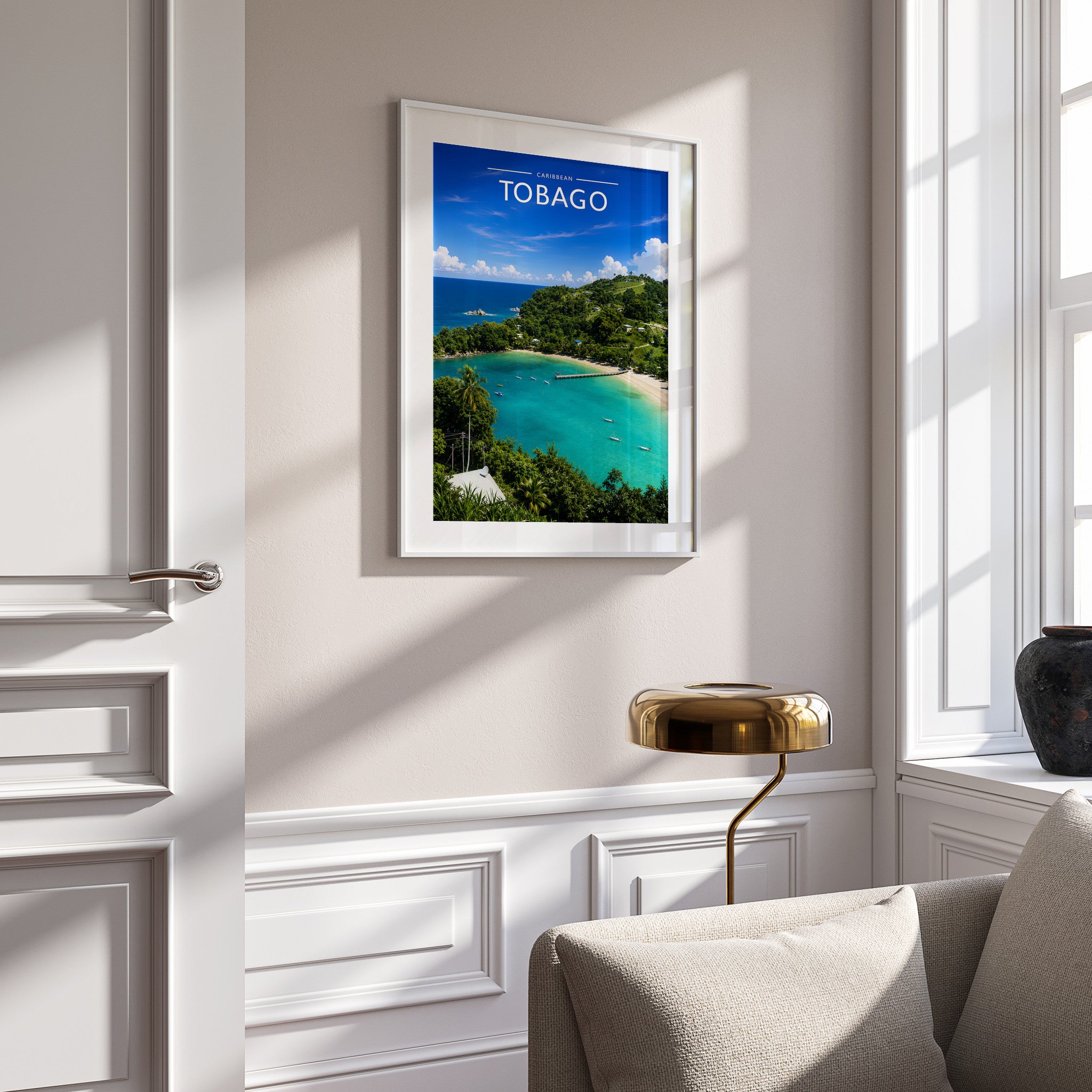 Tobago Travel Poster in a white frame on a panelled wall