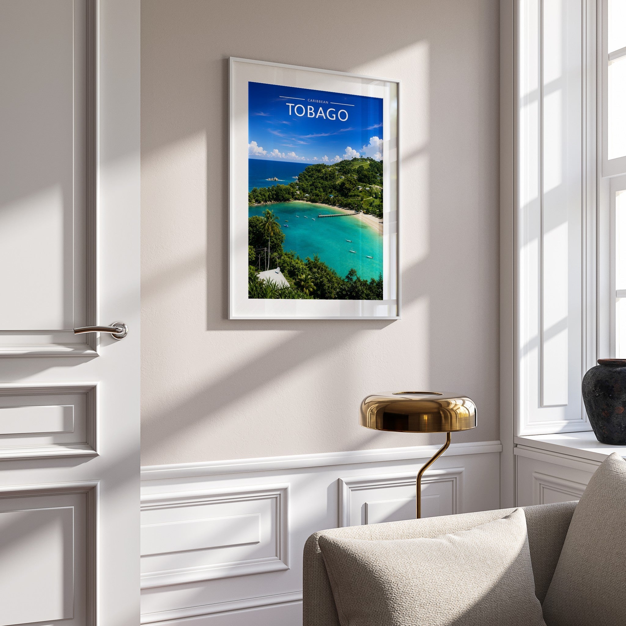 Tobago Travel Poster mounted in a white frame