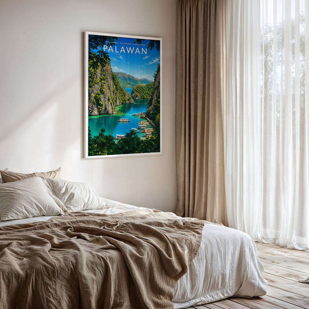 Palawan #2 Travel Poster framed on a bedroom wall
