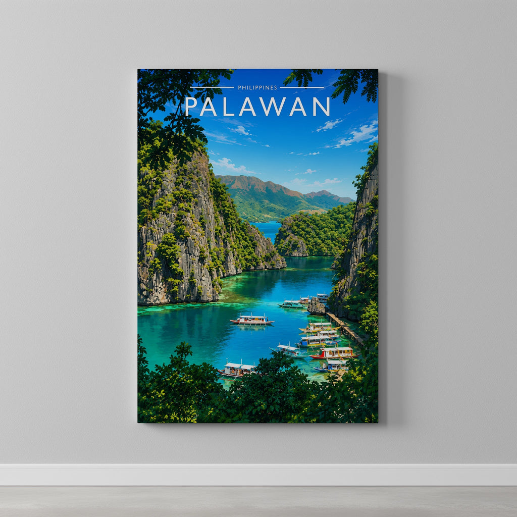 Palawan #2 Travel Poster as a gallery-wrapped canvas on a plain wall