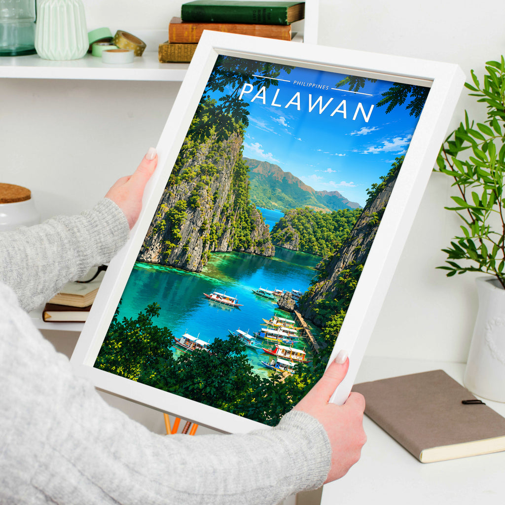 Palawan #2 Travel Poster in a white frame, held to show scale