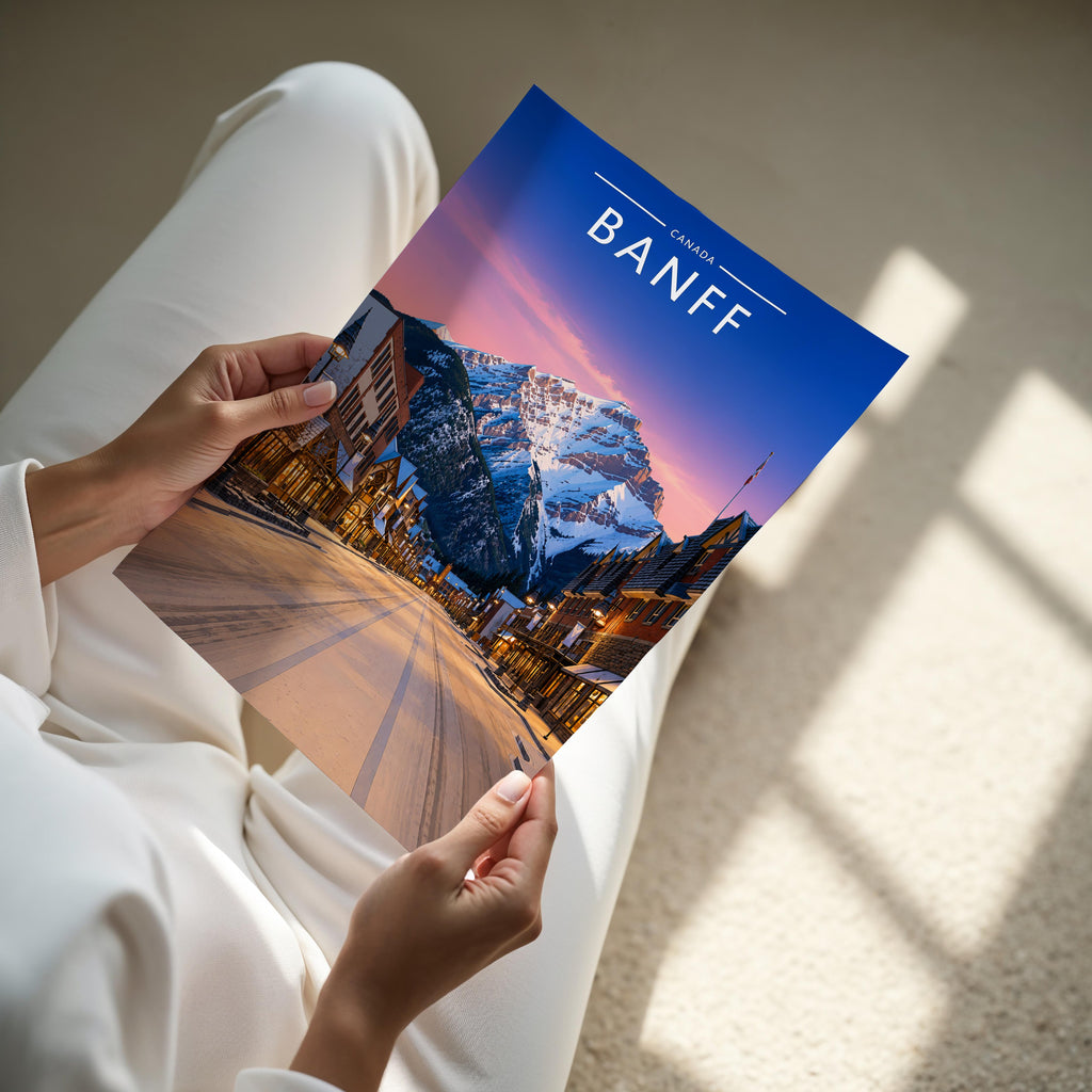 Banff Travel Poster - A4 print held in hand