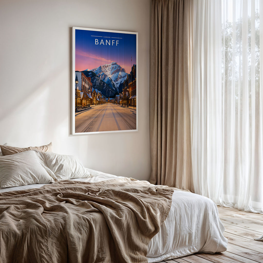 Banff Travel Poster framed on a bedroom wall