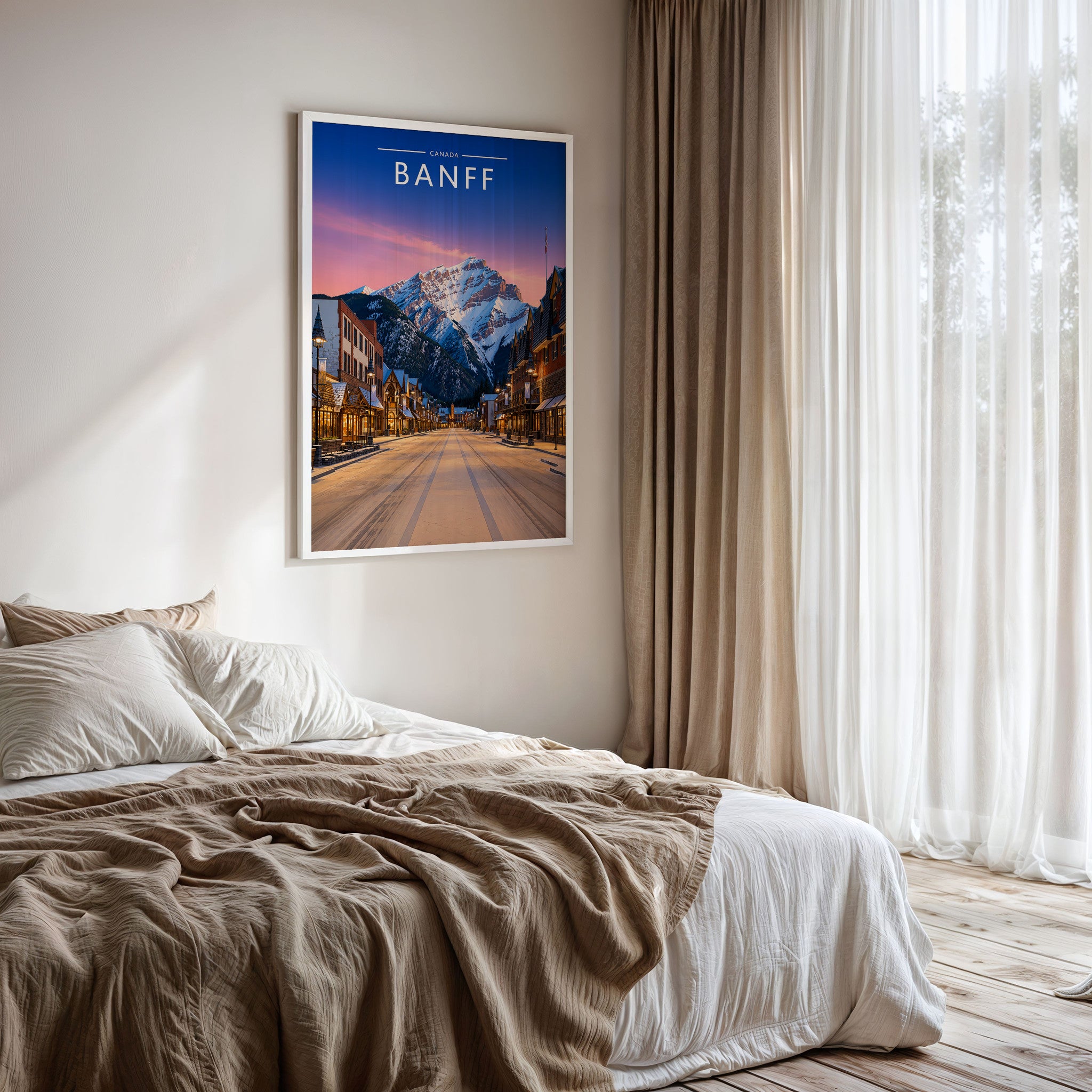 Banff Travel Poster framed on a bedroom wall