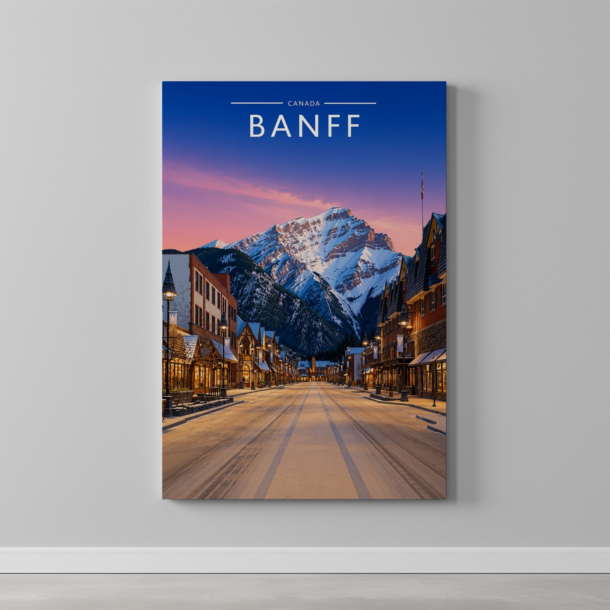 Banff Travel Poster as a gallery-wrapped canvas on a plain wall