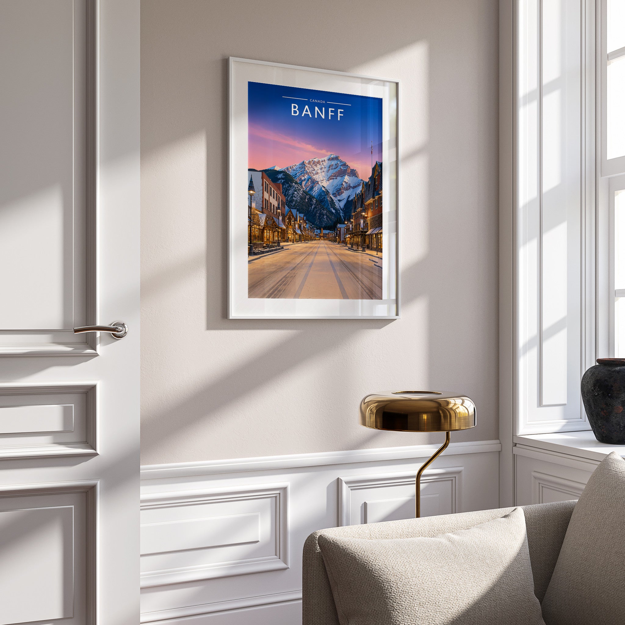 Banff Travel Poster in a white frame on a panelled wall