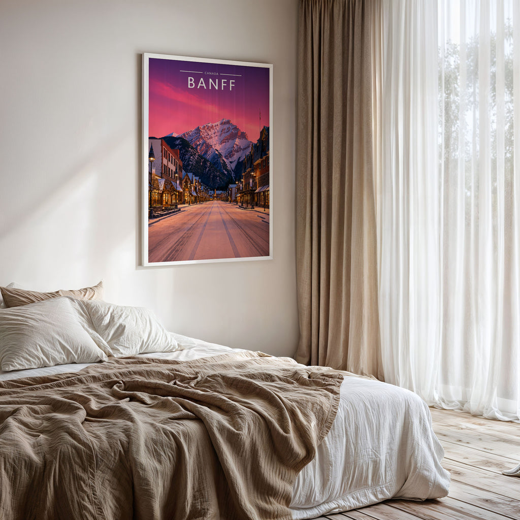 Banff #2 Travel Poster framed on a bedroom wall