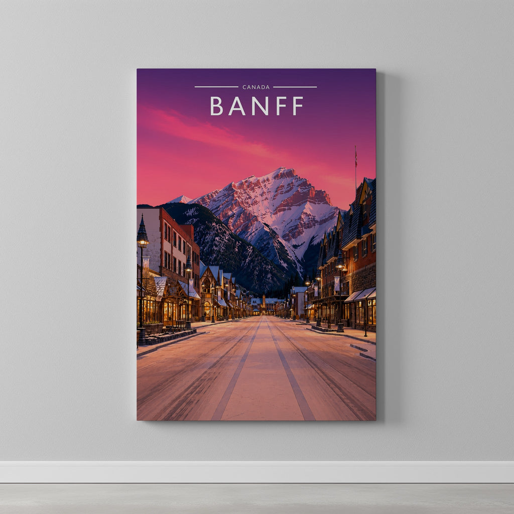 Banff #2 Travel Poster as a gallery-wrapped canvas on a plain wall