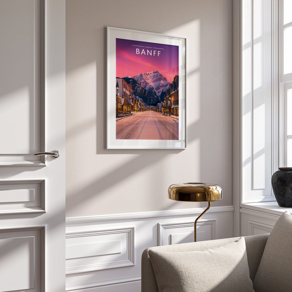 Banff #2 Travel Poster in a white frame on a panelled wall