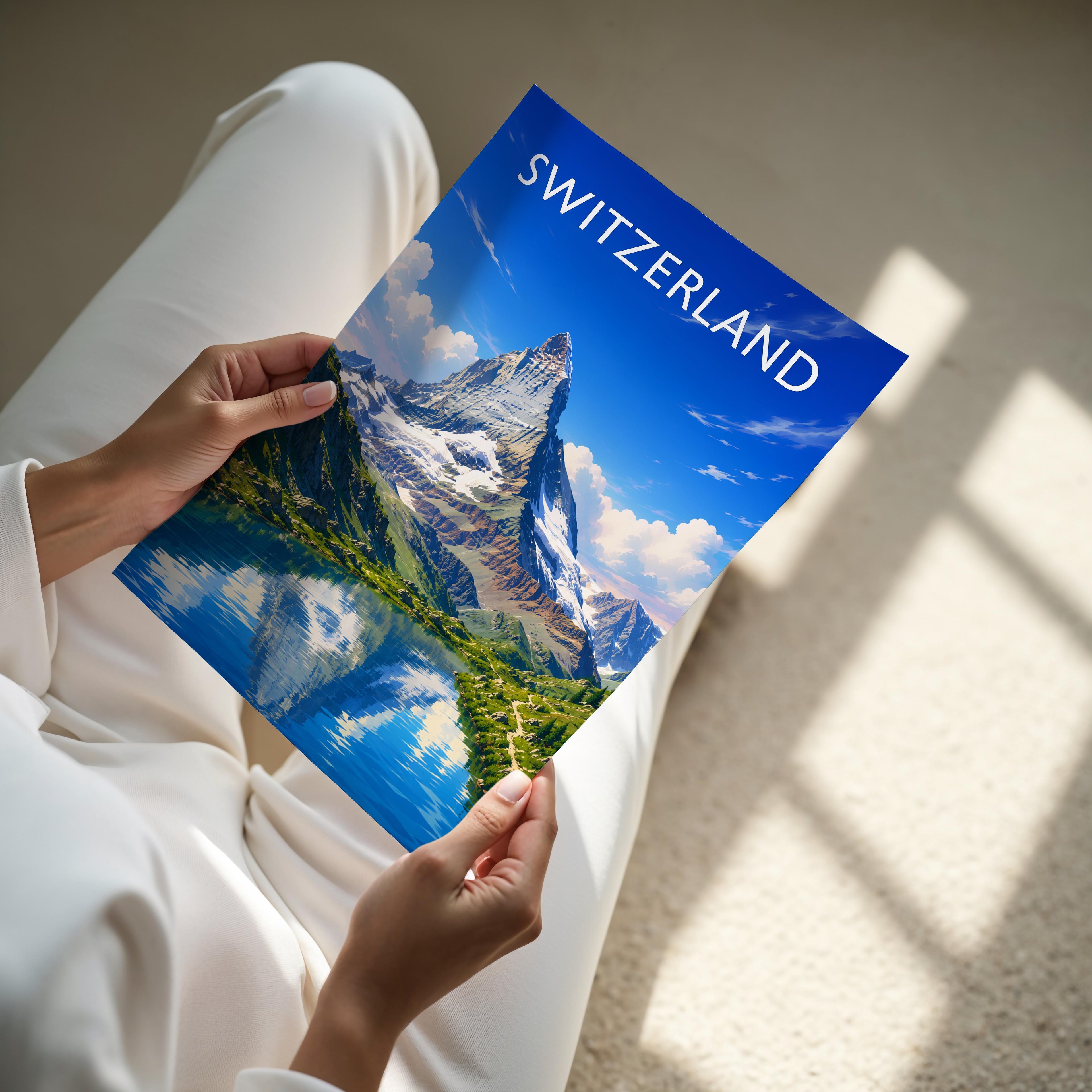 Switzerland Travel Poster - A4 print held in hand