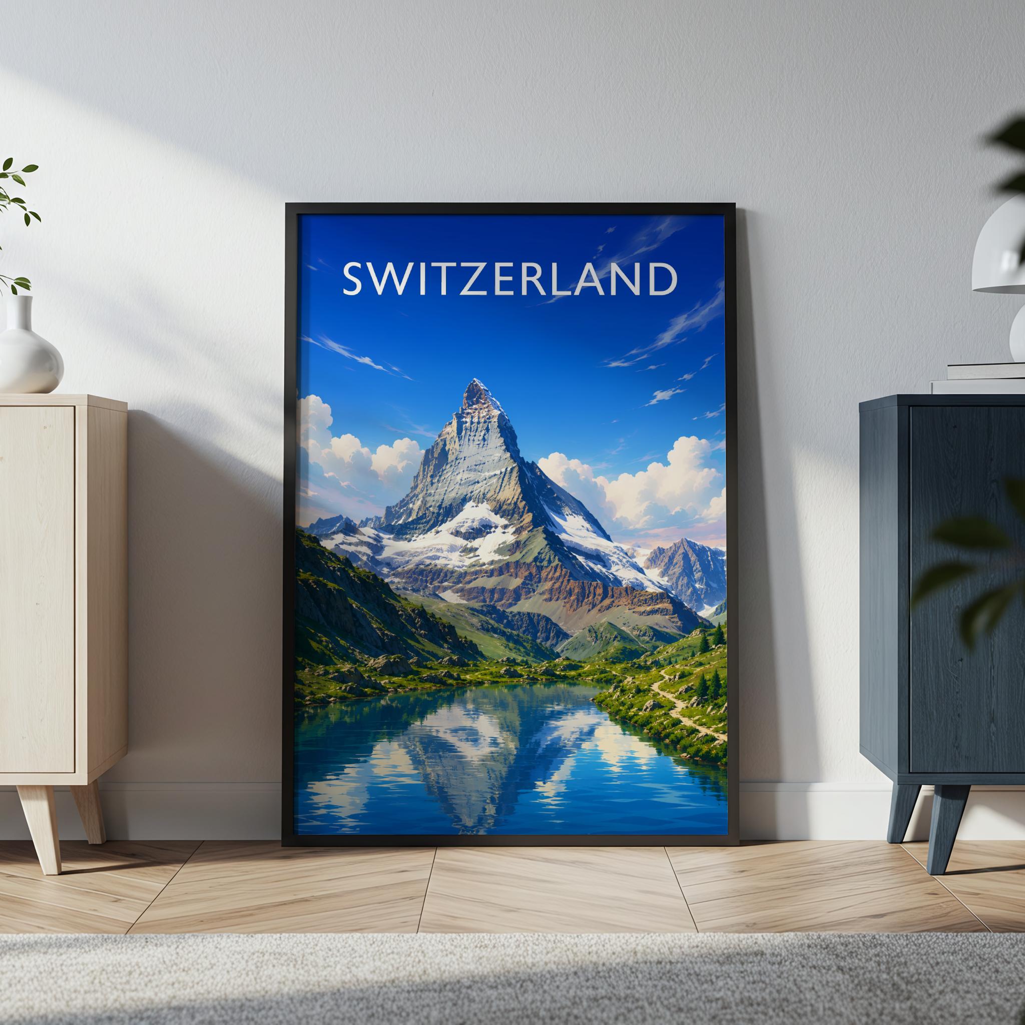 Switzerland Travel Poster in a black frame