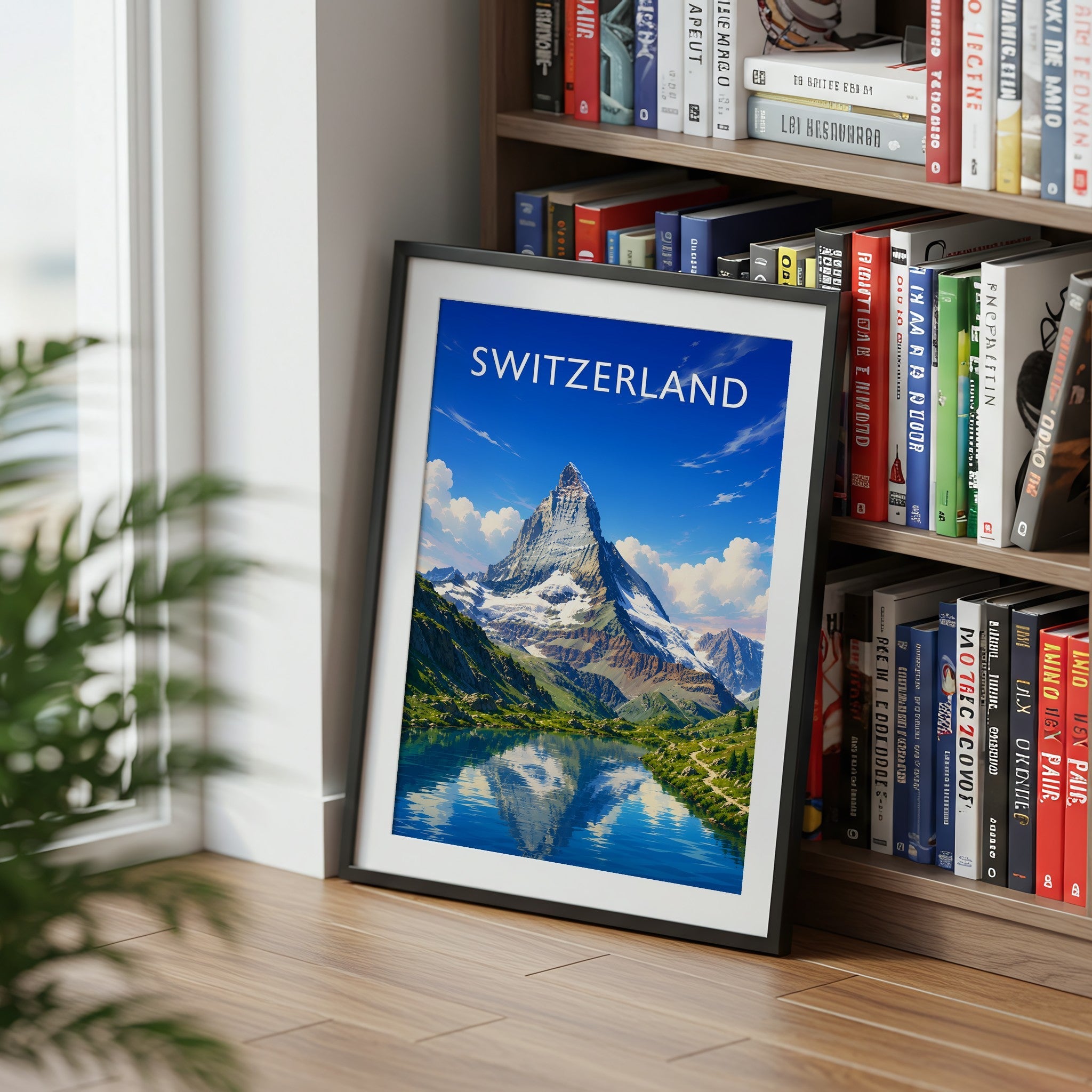 Switzerland Travel Poster mounted in a black frame