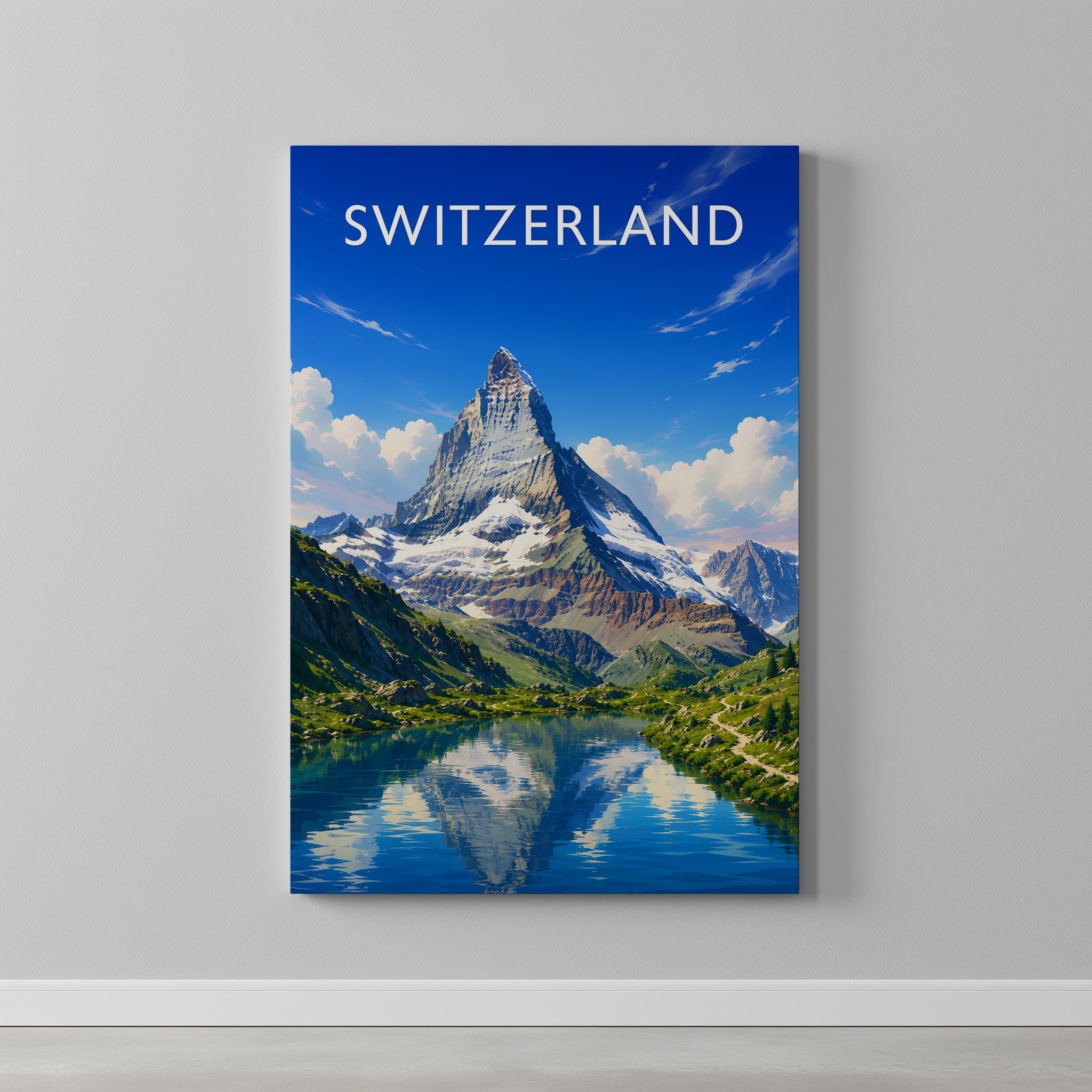 Switzerland Travel Poster as a gallery-wrapped canvas on a plain wall