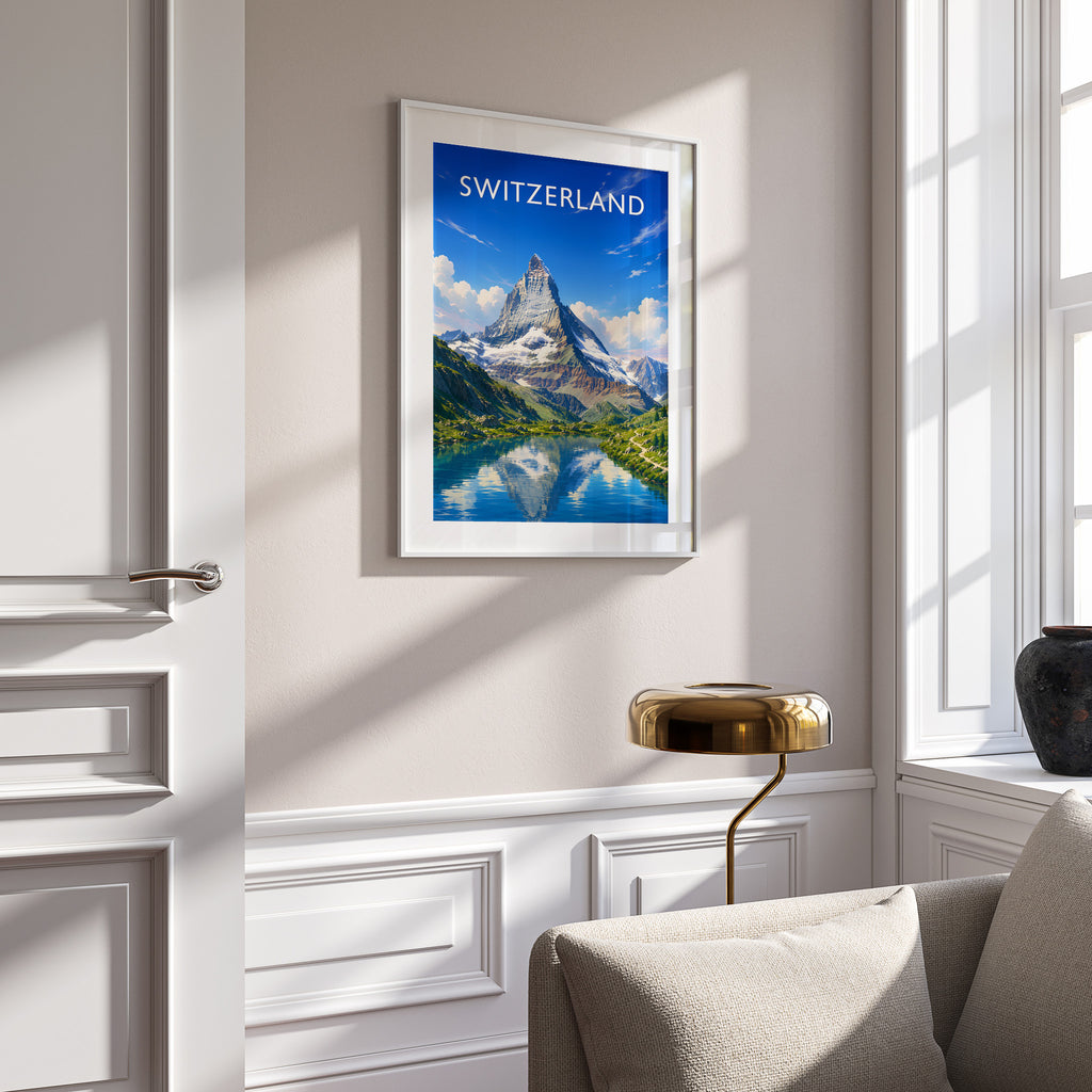 Switzerland Travel Poster in a white frame on a panelled wall