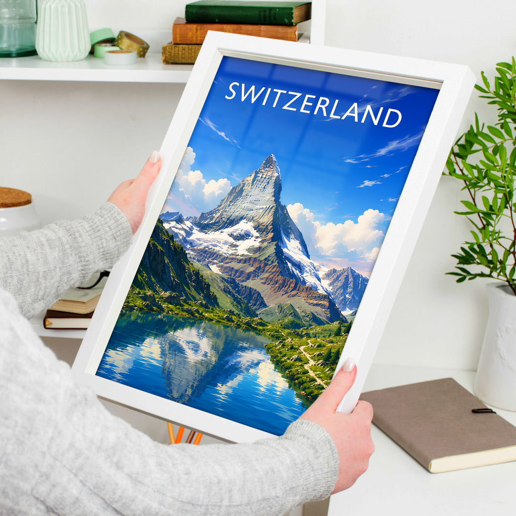 Switzerland Travel Poster in a white frame, held to show scale