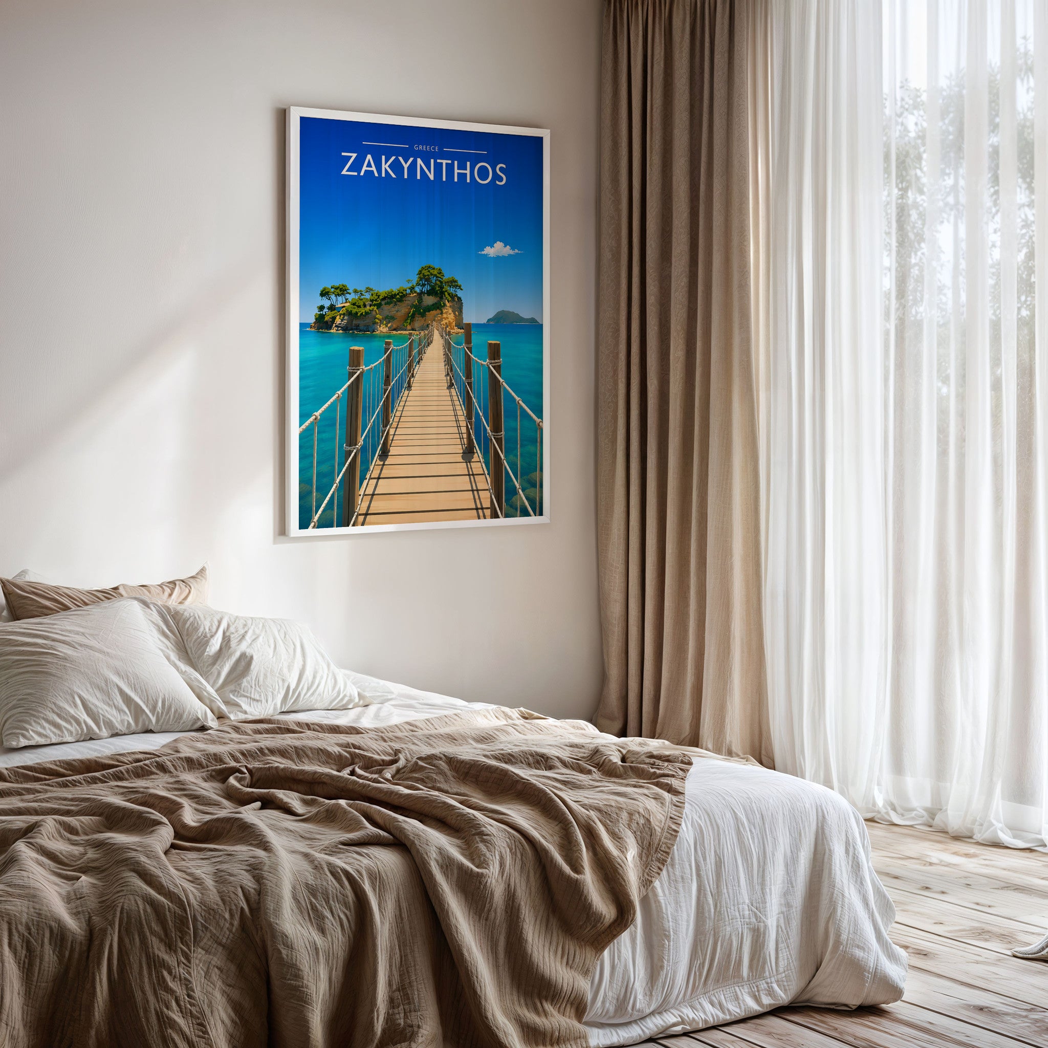 Zakynthos #2 Travel Poster framed on a bedroom wall